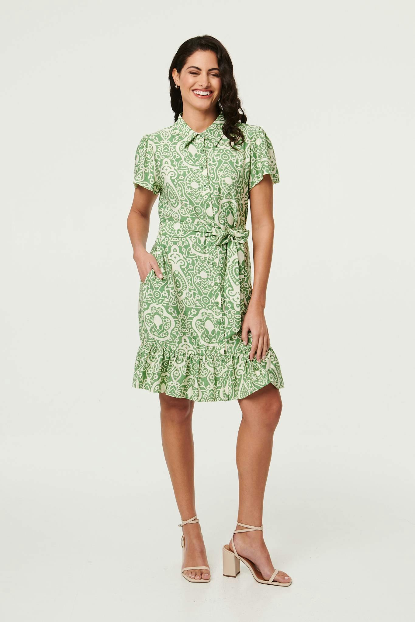 Izabel London Green Printed Short Sleeve Tie Short Dress - 14