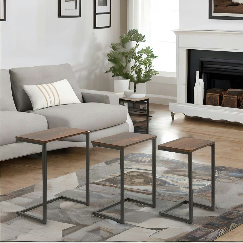 Rafaelo Mobilia Brown Set Of 3 C-Shaped Nesting Tables Rustic