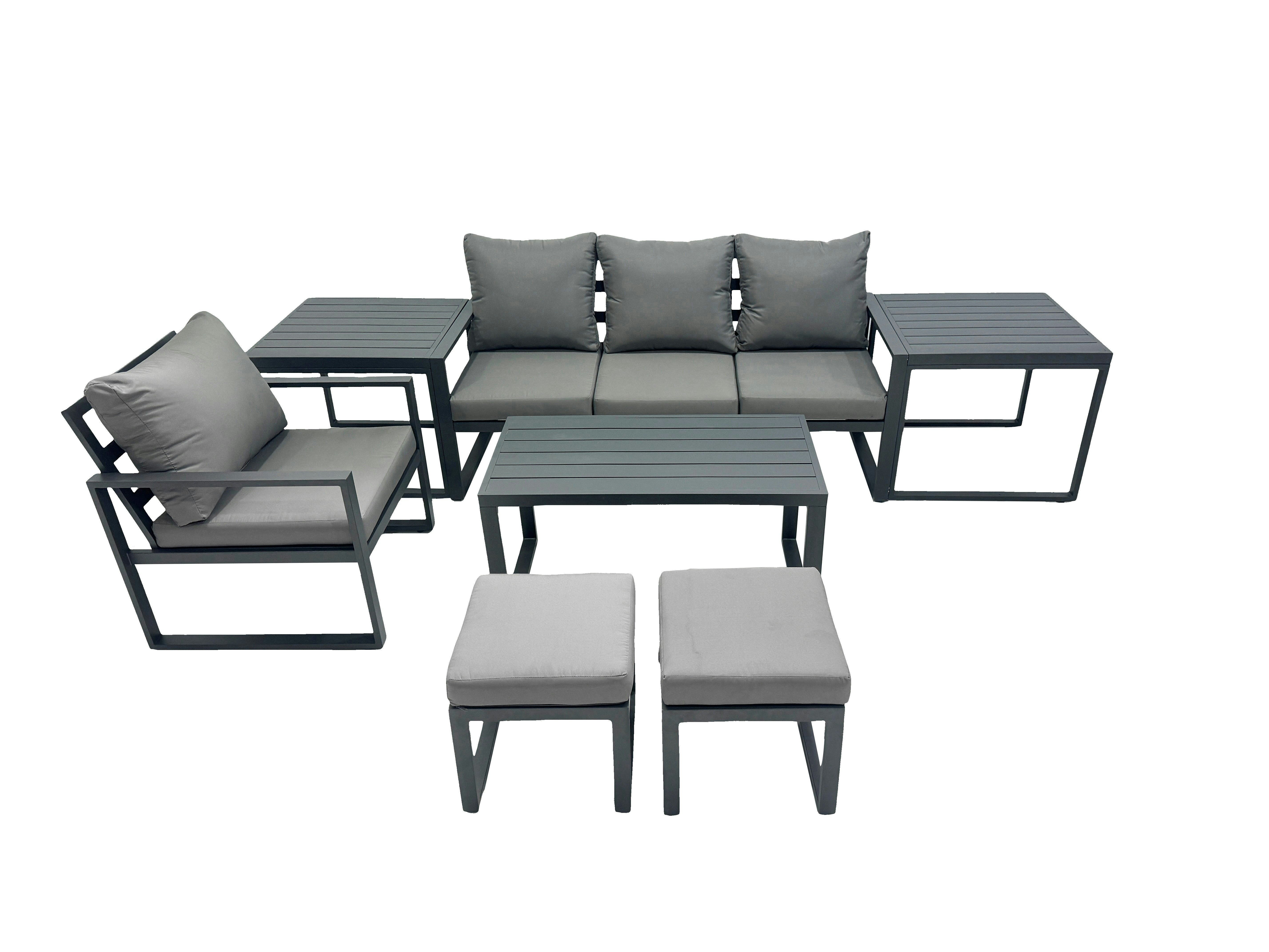 Rackhams Dark/Grey 6 Seat Outdoor Garden Furniture Set Aluminium Lounge 3 Seat Sofa Oblong Coffee Table Sets With Chair 2 Small Stools 2 Side Tables