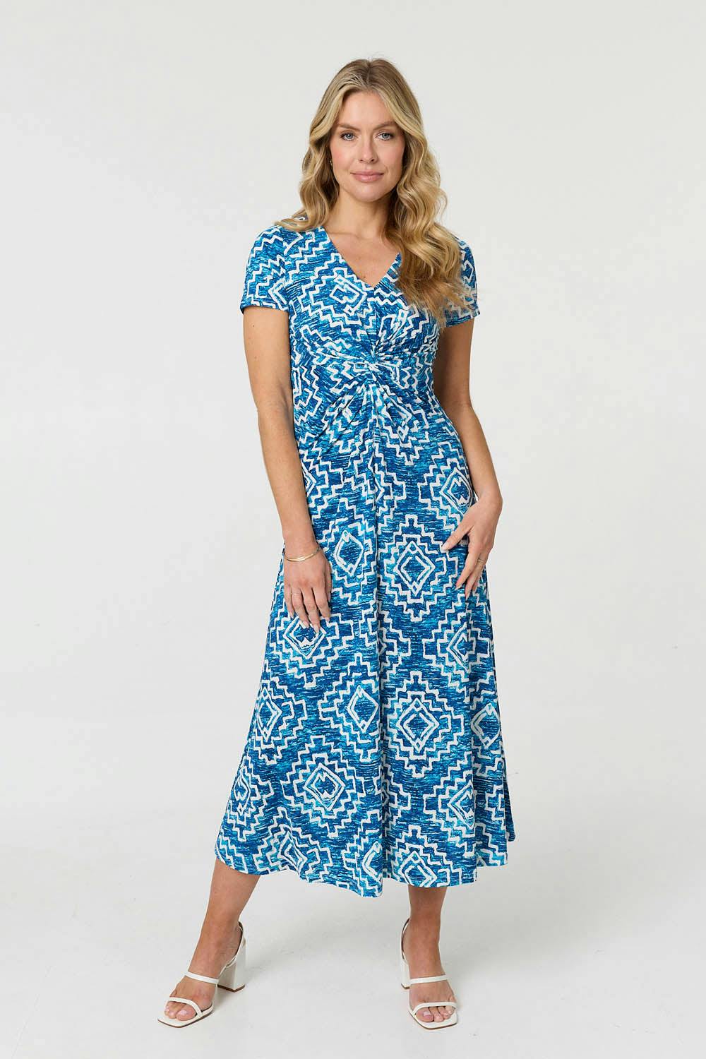 Izabel London Blue Geo Print Twist Front Midi Dress - 18