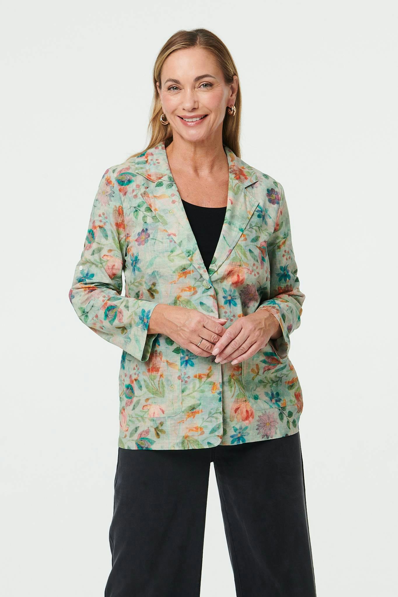 Izabel London Green Floral 3/4 Sleeve Casual Blazer Jacket - 16