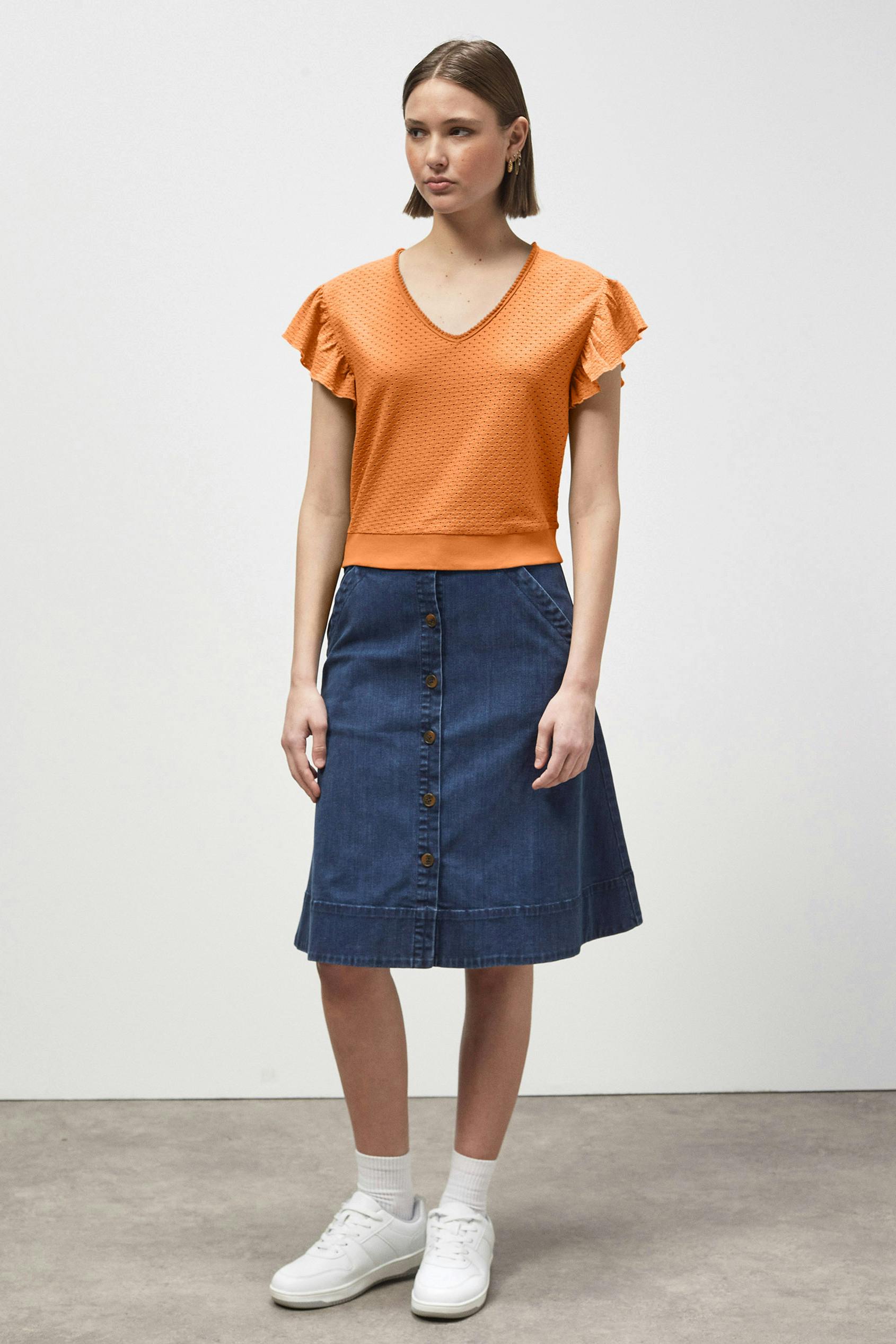 Enorsia Women's Orange ’S Frill Sleeve T-Shirt - 12
