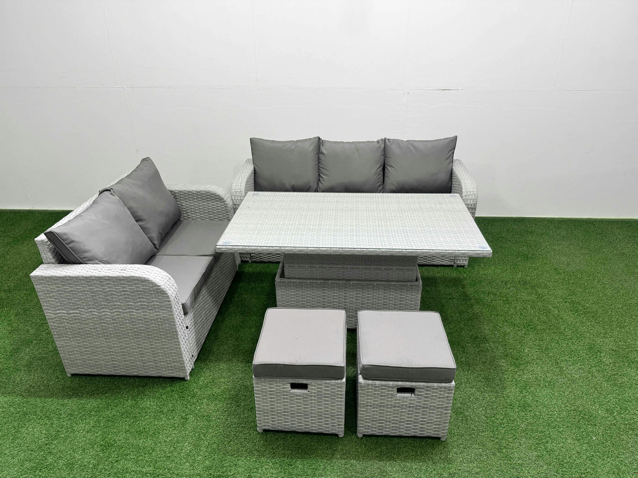 Rackhams Light/Grey/Dark 7 Seater Rattan Conservatory Sofa Set - Adjustable Lifting Dining/Coffee Table, 3-Seater Sofa, Loveseat & 2 Stools