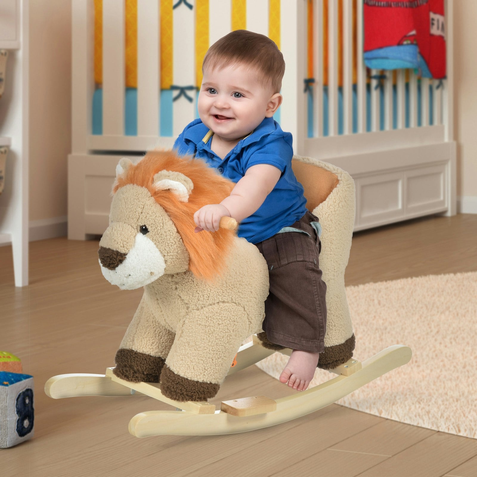 Homcom Brown Kids Rocking Lion Plush Ride On Seat W/ Sound Button Wood Base Seat Belt - 68Cm X 35Cm X 50Cm - Kids Rocking Horse
