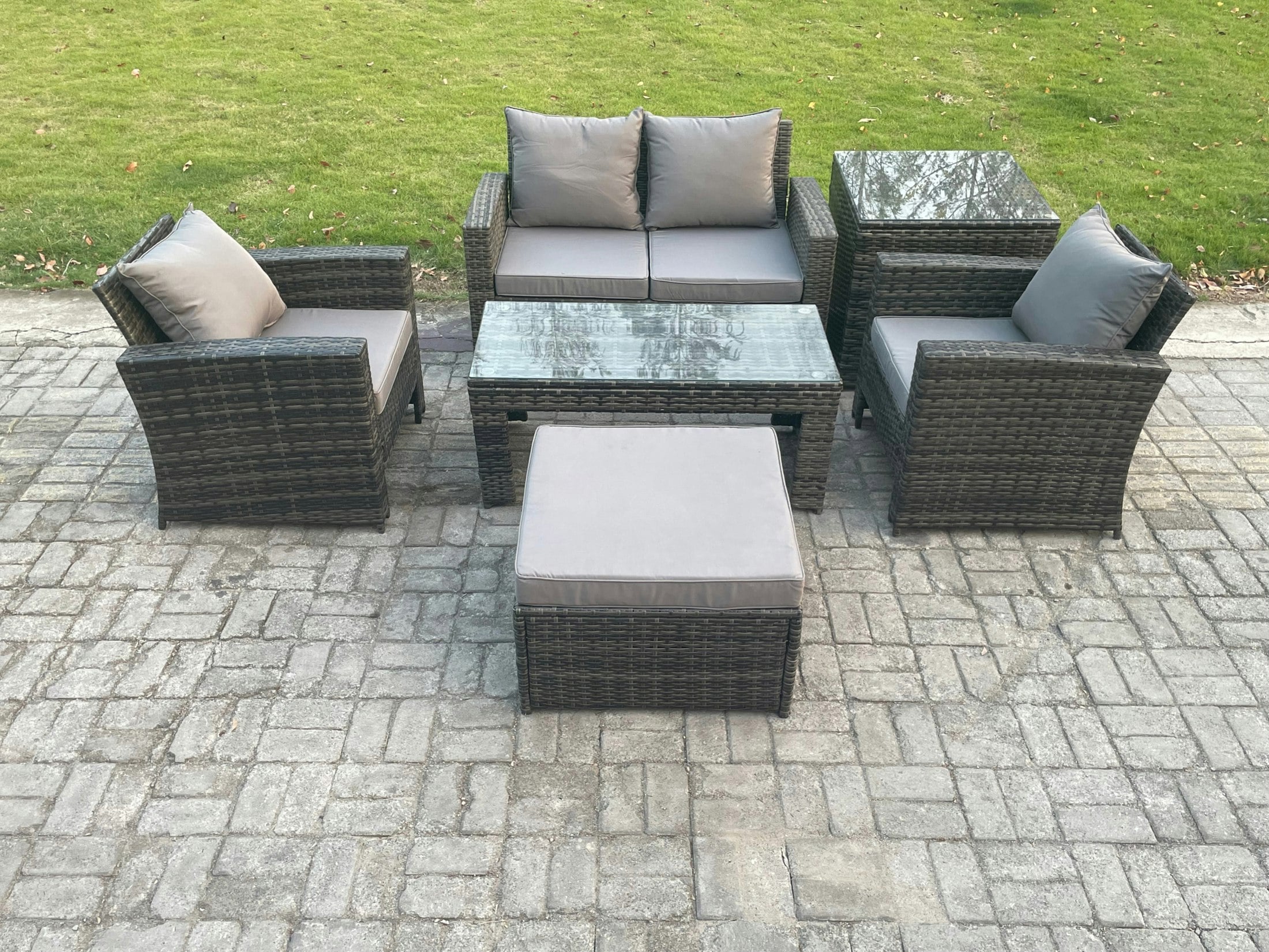 Fimous Dark/Grey 5 Seater Outdoor Rattan Garden Furniture Set Patio Lounge Sofa Set With Coffee Table Big Footstool Side Table Mixed