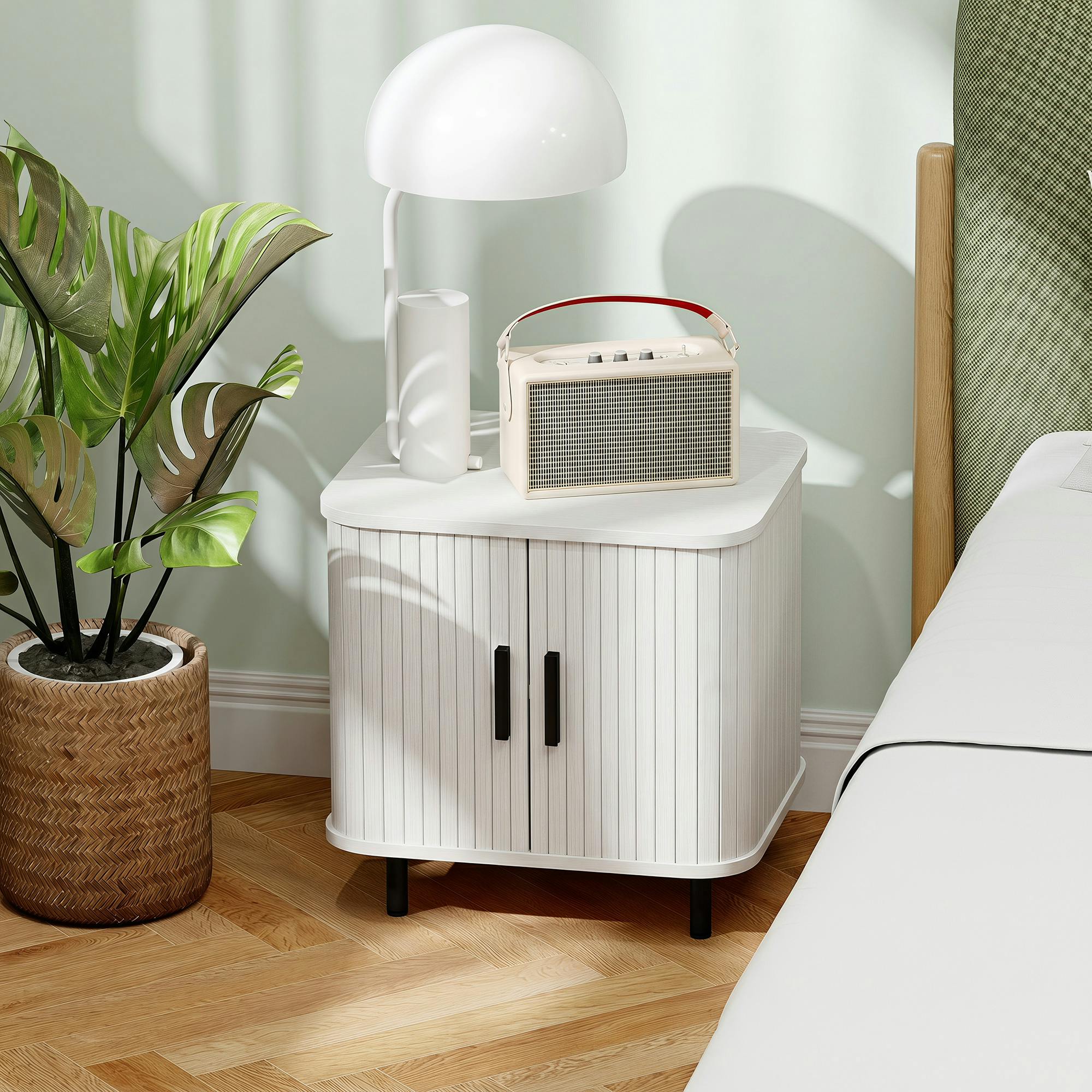 Rackhams White Nightstand With Sliding Doors And Metal Legs Wood Effect