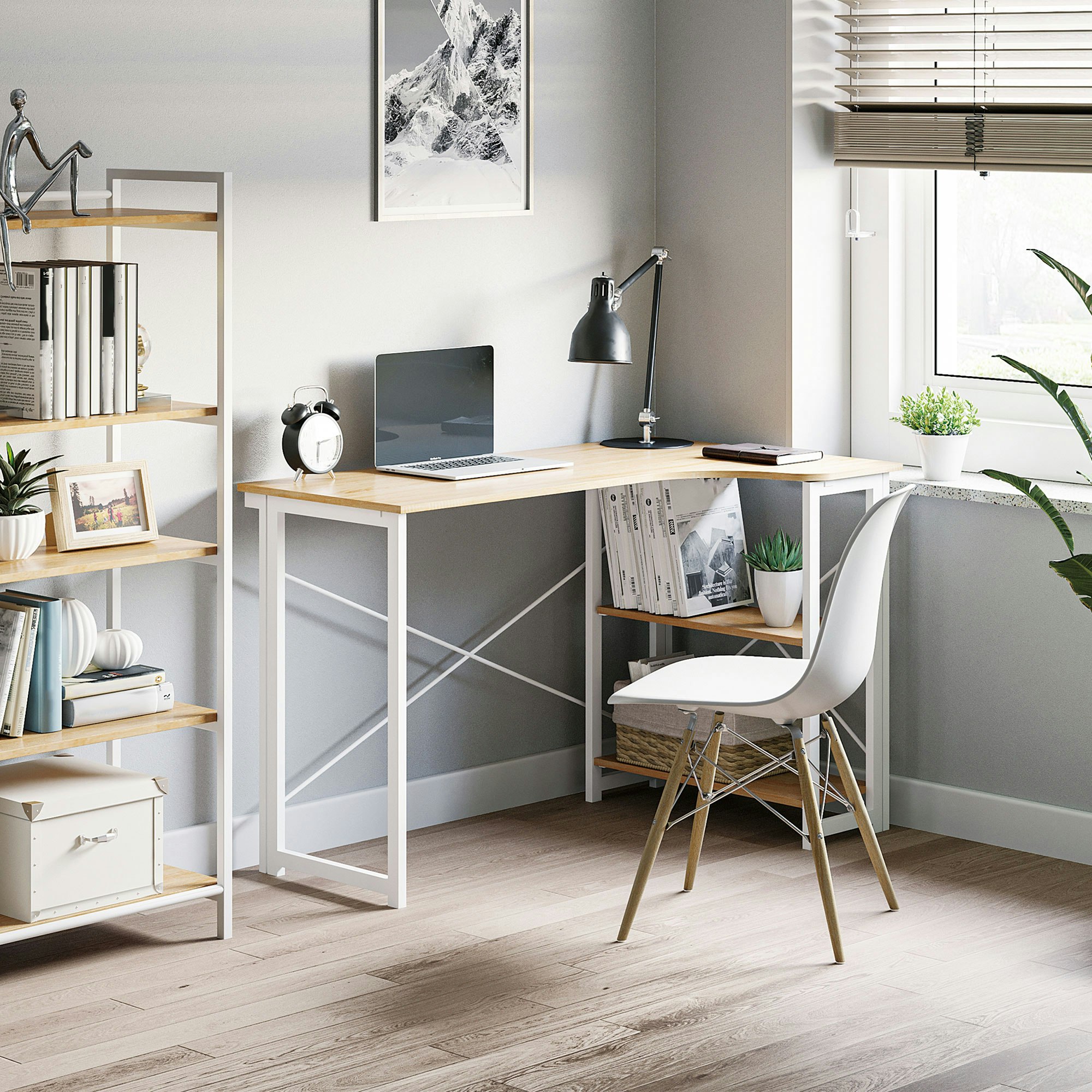 Homcom L-Shape Folding Computer Desk Study Workstation With 2 Shelves Oak Tone
