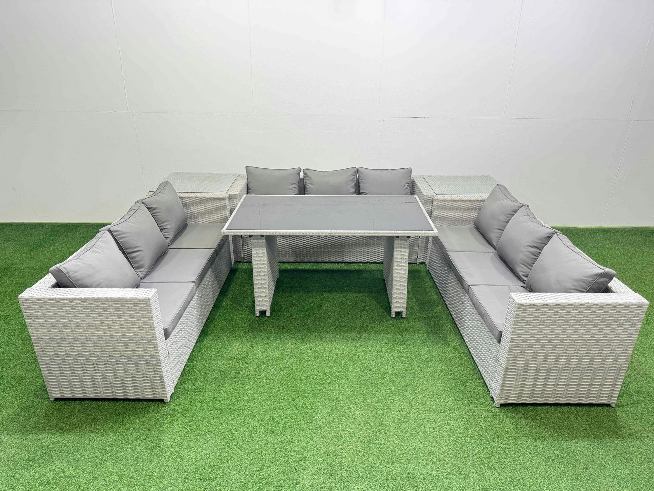 Fimous Black/Light/Grey Patio Outdoor Garden Furniture Sets With Glass Top Dining Table 3 Seater Sofa