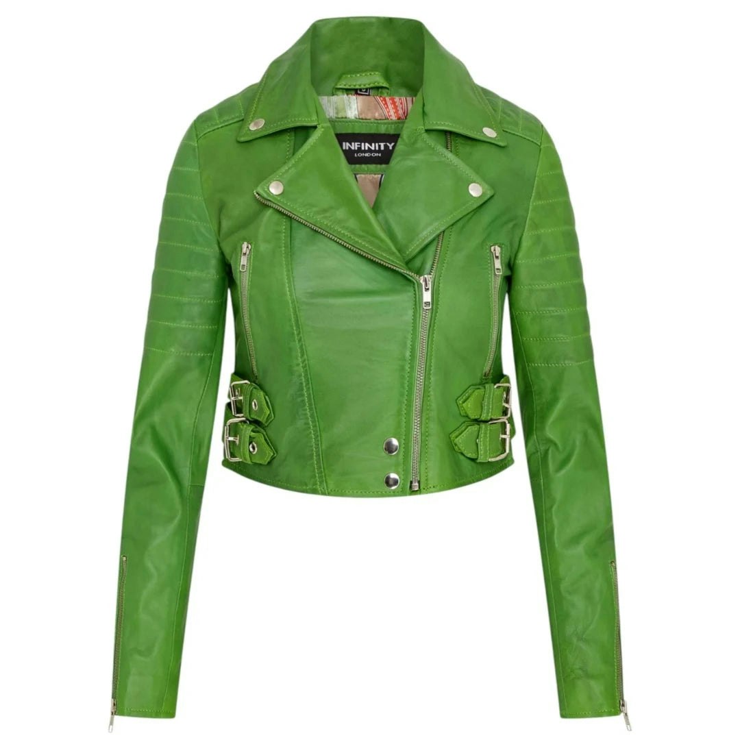Infinity Leather Women's Green Real Leather Short Cropped Length Biker Jacket - Uk 20