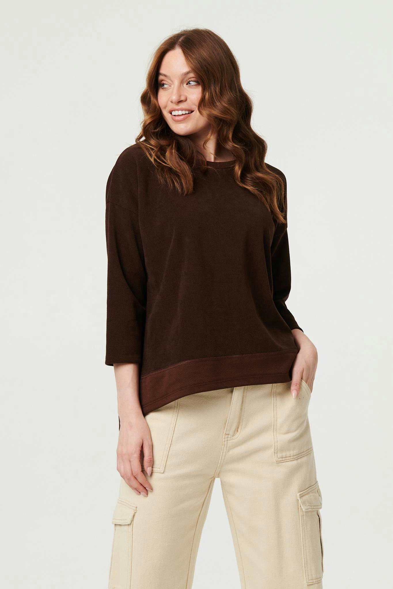 Izabel London Brown Contrast Hem Relaxed 3/4 Sleeve Jumper - 12