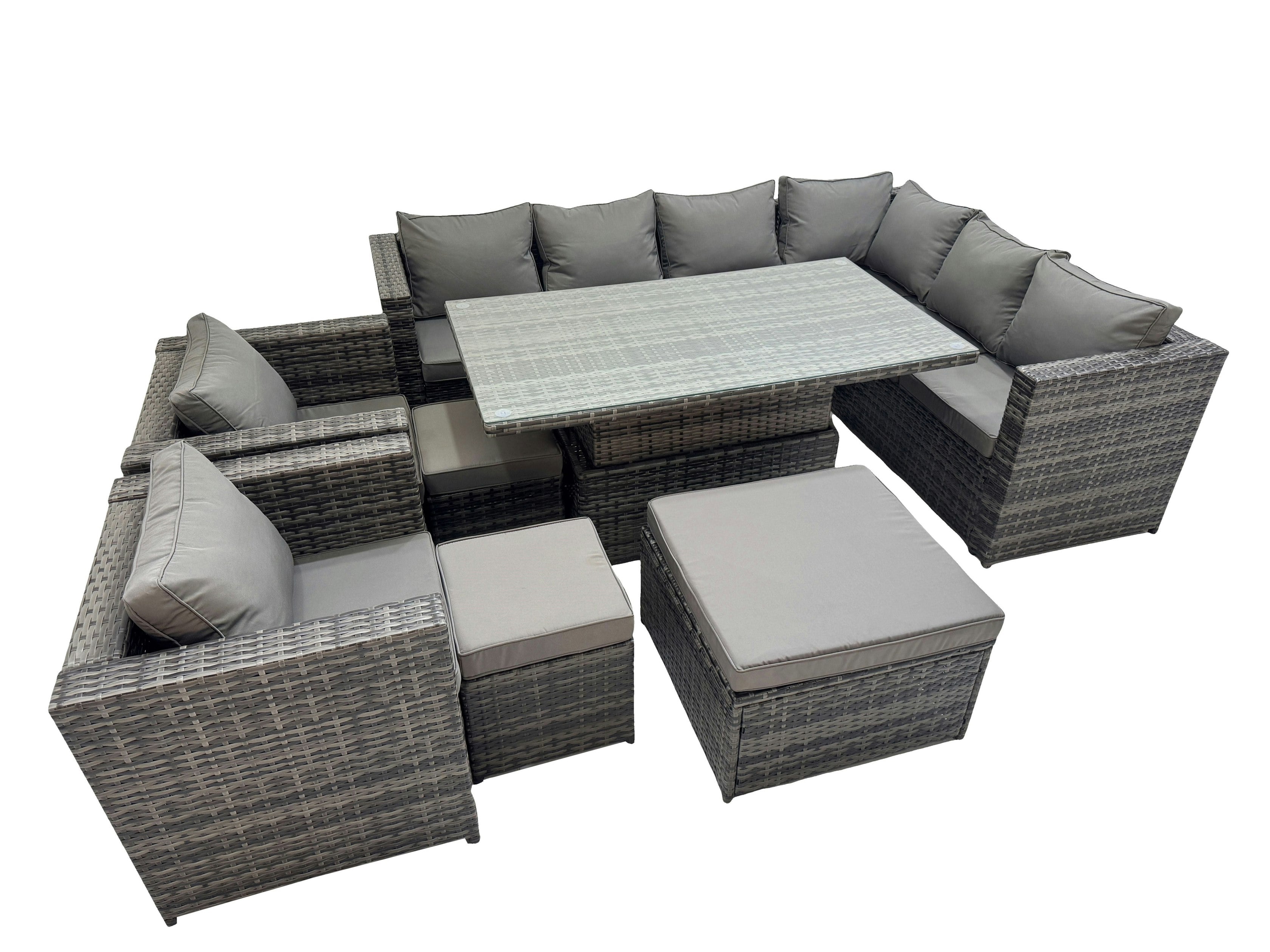 Rackhams Dark/Grey 11 Seater Rattan Height Adjustable Rising Lifting Table Corner Sofa Sets With 2 Chairs 3 Stool Mixed