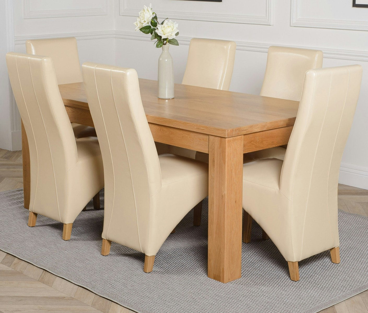Rackhams Ivory Dakota Large Oak Dining Table With Lola Leather Chairs - 6 Chairs