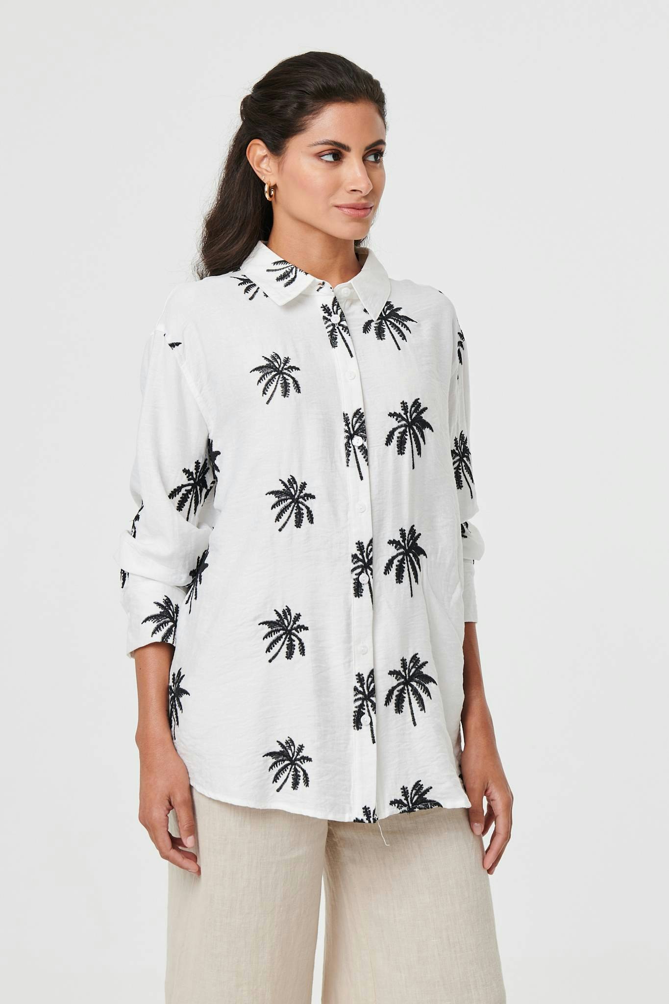 Izabel London White Tropical Print Relaxed Long Sleeve Shirt - 12