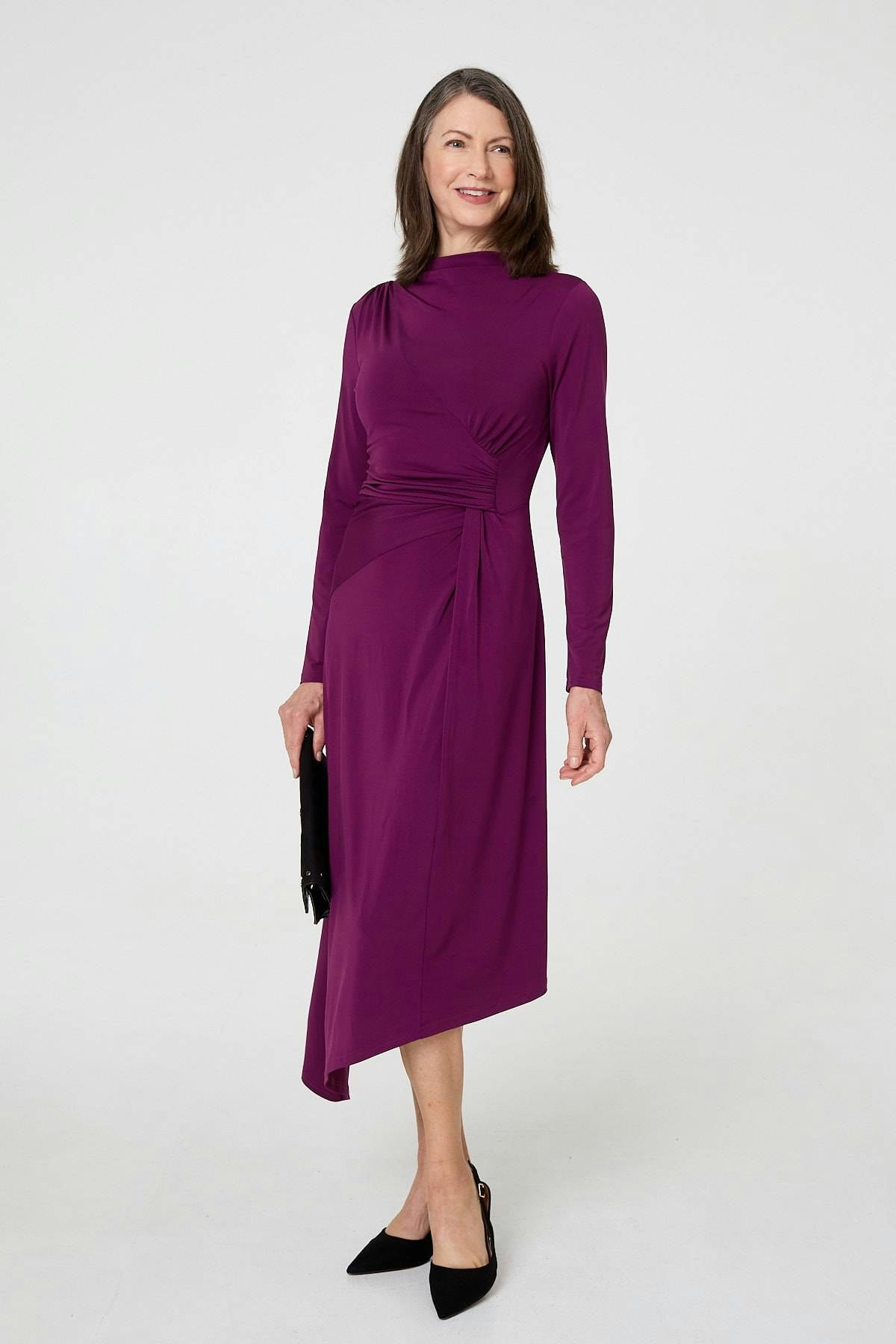 Izabel London Purple Asymmetric Twist Long Sleeve Midi Dress - 18
