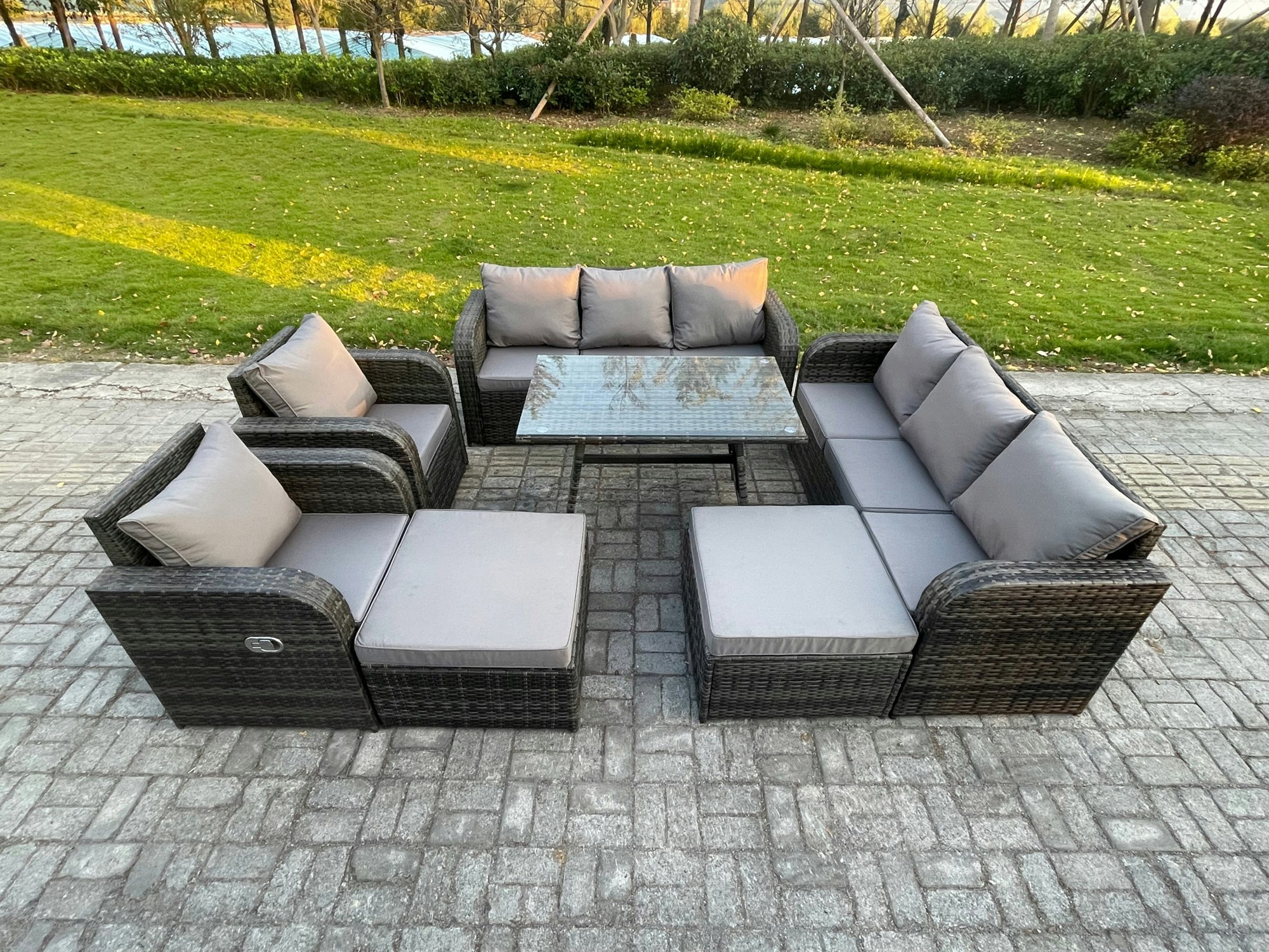Fimous Dark/Grey Rattan Garden Furniture Dining Set 10 Seater Patio Rectangular Table 2 Big Footstool Mixed