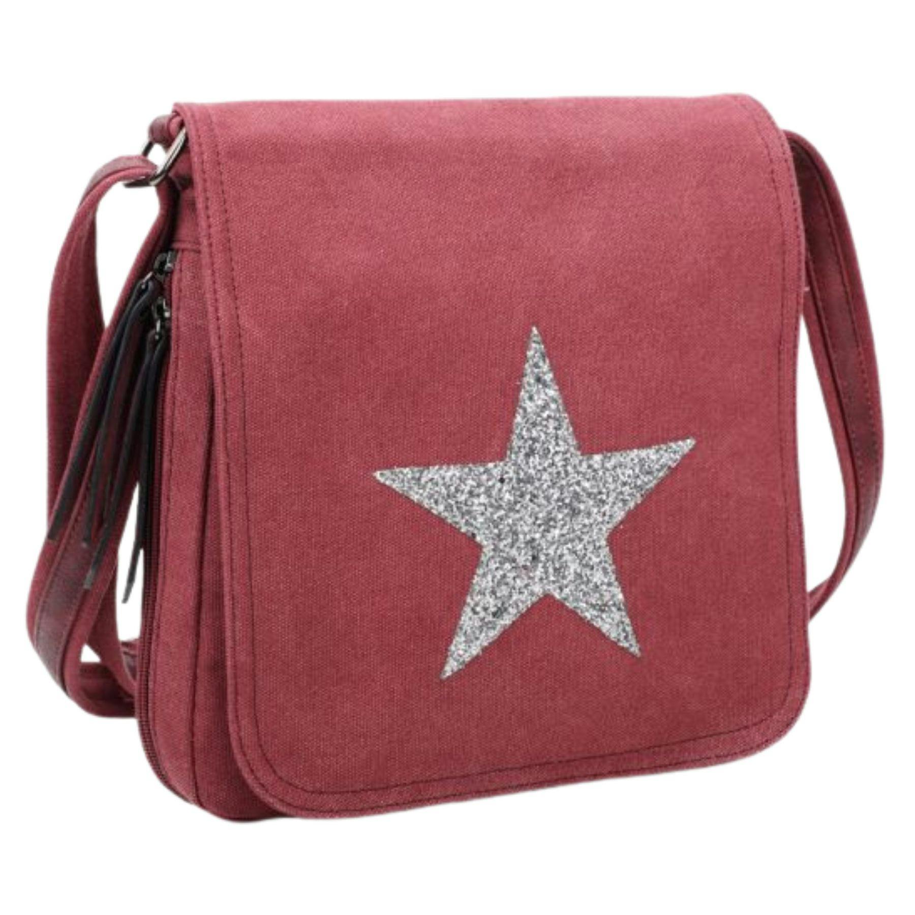Love Emvy Burgundy Staremvy Glitter Star Canvas Flapover Satchel - One Size - Canvas