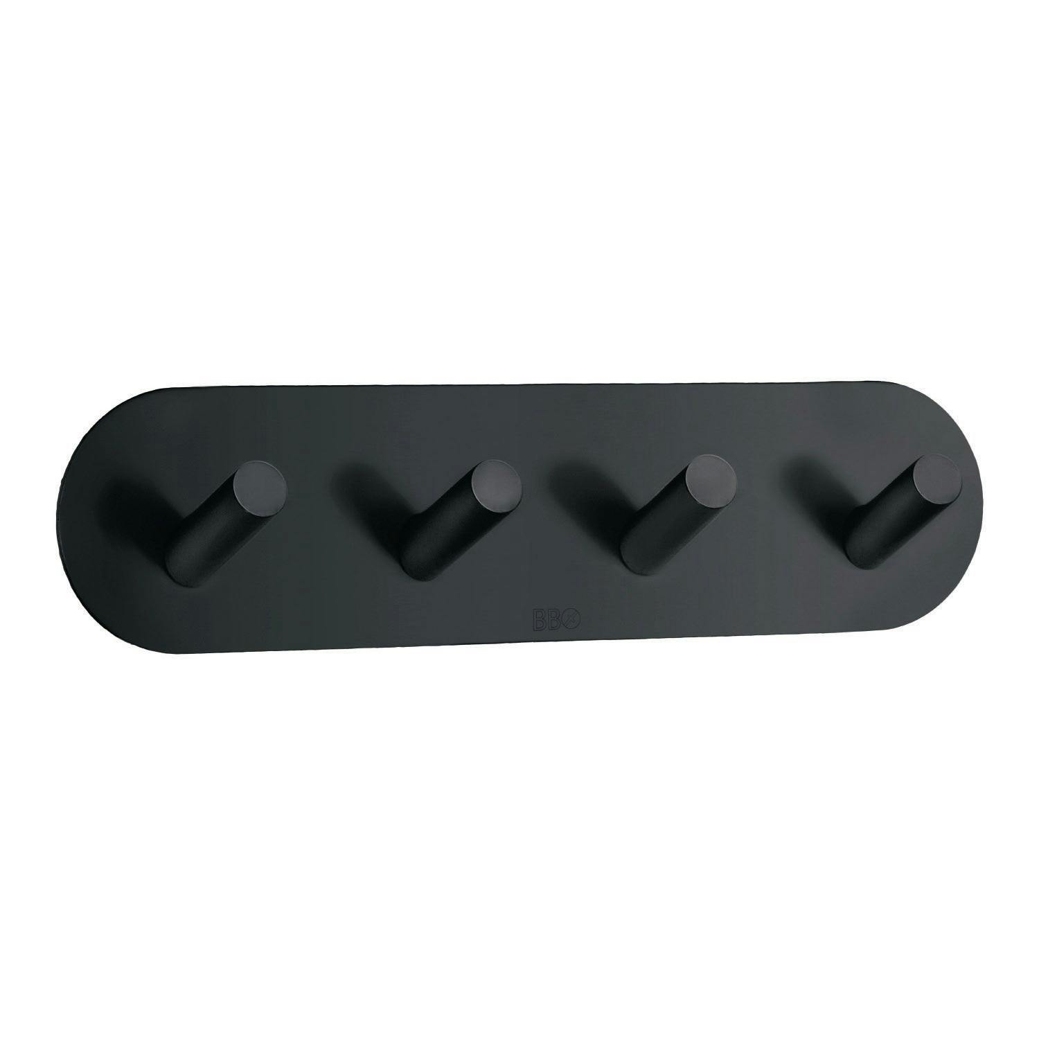 Rackhams Black Stainless Steel Quadruple Towel Hook (192 X 48Mm) Self Adhesive Bathroom Wall Mounted