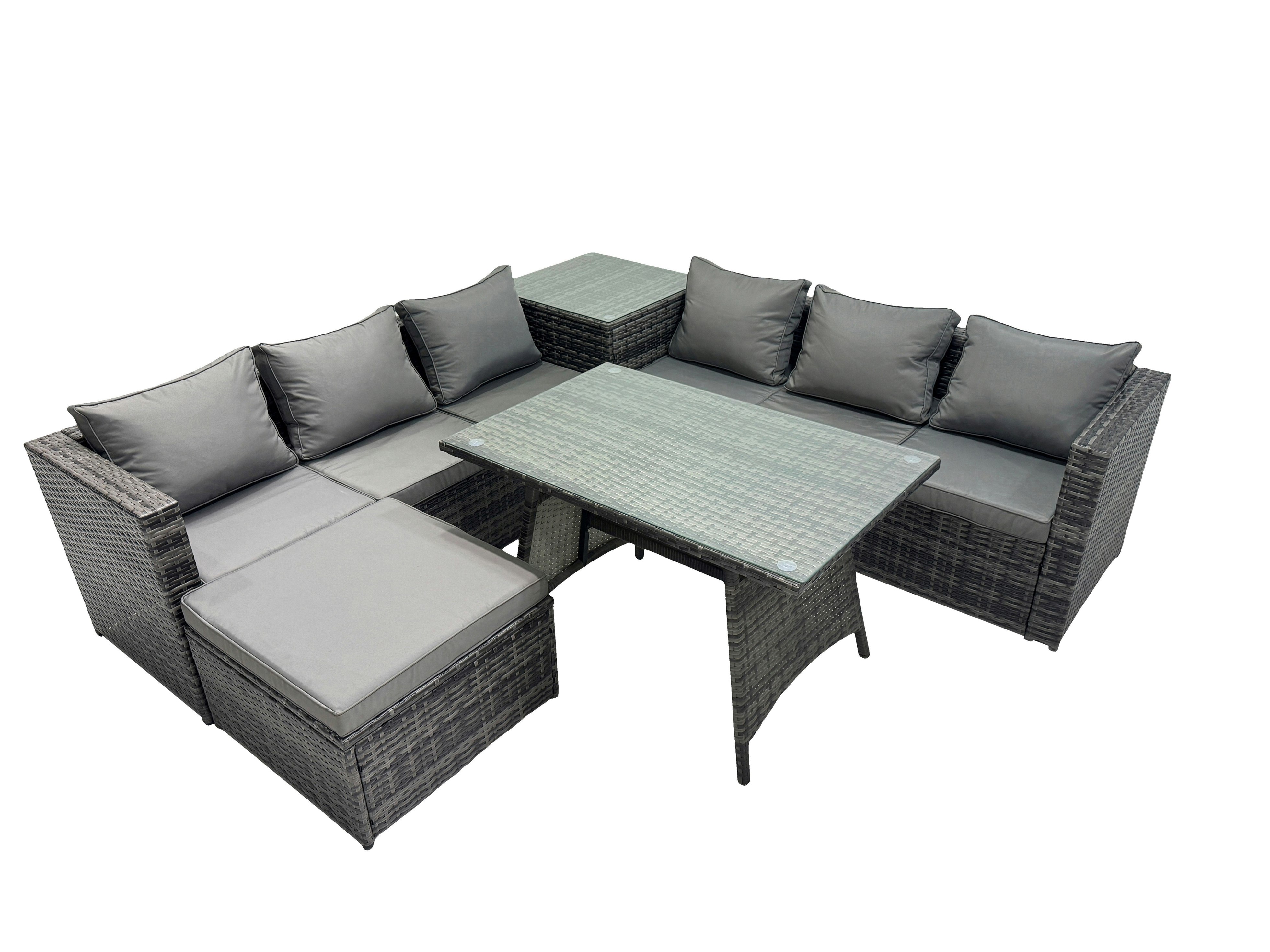Rackhams Dark/Grey Outdoor Corner Sofa Dining Table Set Garden Rattan Furniture Set 7 Seater With Side Table Big Stool