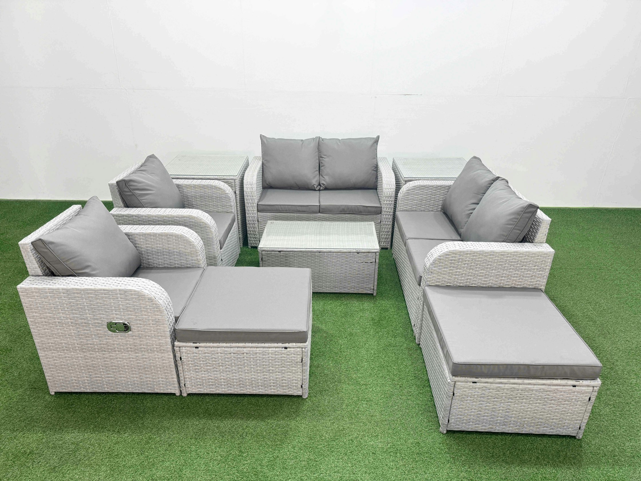 Rackhams Light/Grey 8 Seater Rattan Garden Furniture Set - With Reclining Chair, Loveseat & Rectangular Coffee Table & 2 Footstools