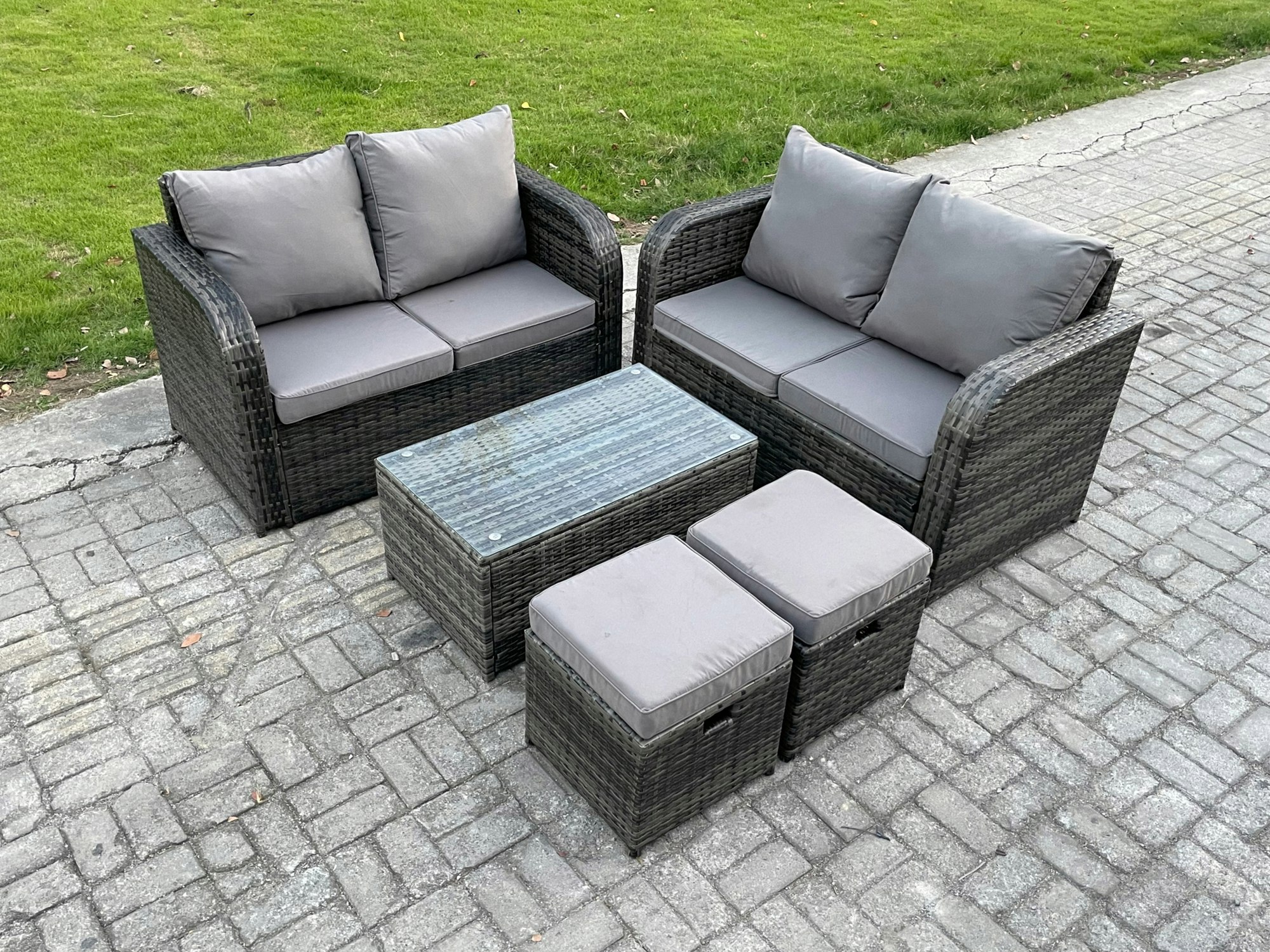 Fimous Dark/Grey Rattan Garden Furniture Set 6 Seater Patio Outdoor Lounge Sofa Set With Rectangular Coffee Table 2 Small Footstools Mixed