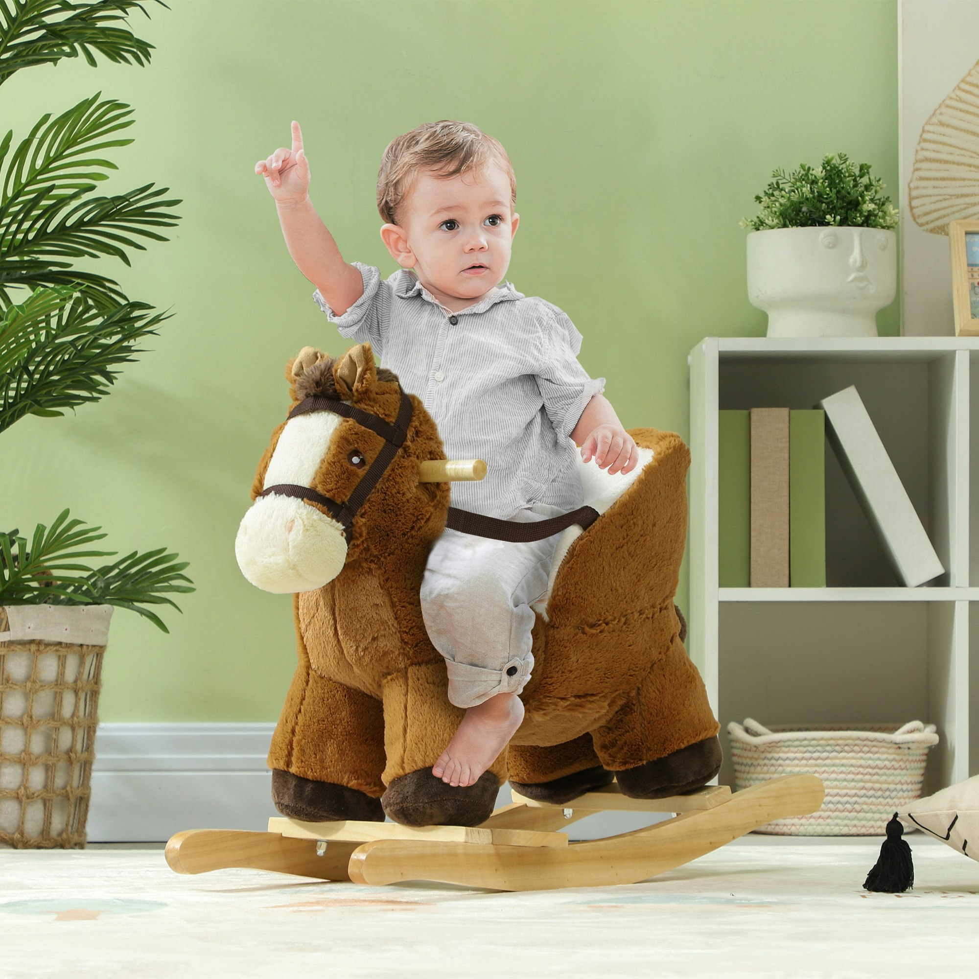 Aiyaplay Brown Kids Rocking Horse W/ Sound, Safety Belt, - 68L X 33W X 45Hcm - Kids Rocking Horse
