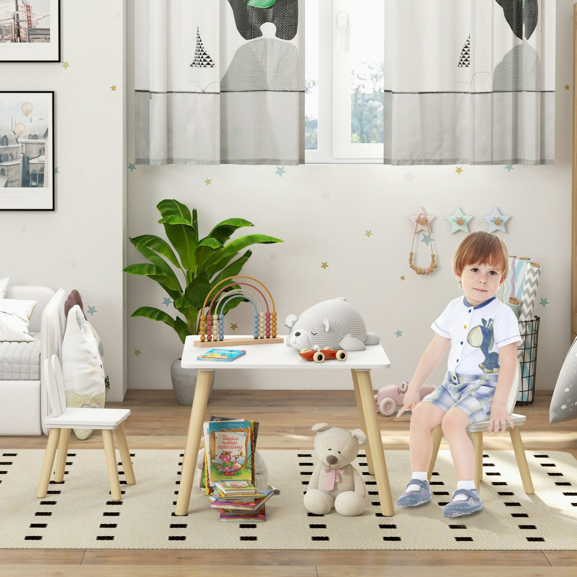 Rackhams White 3 Pieces Toddler Table And Chair Set For Nursery, Playroom, Classroom