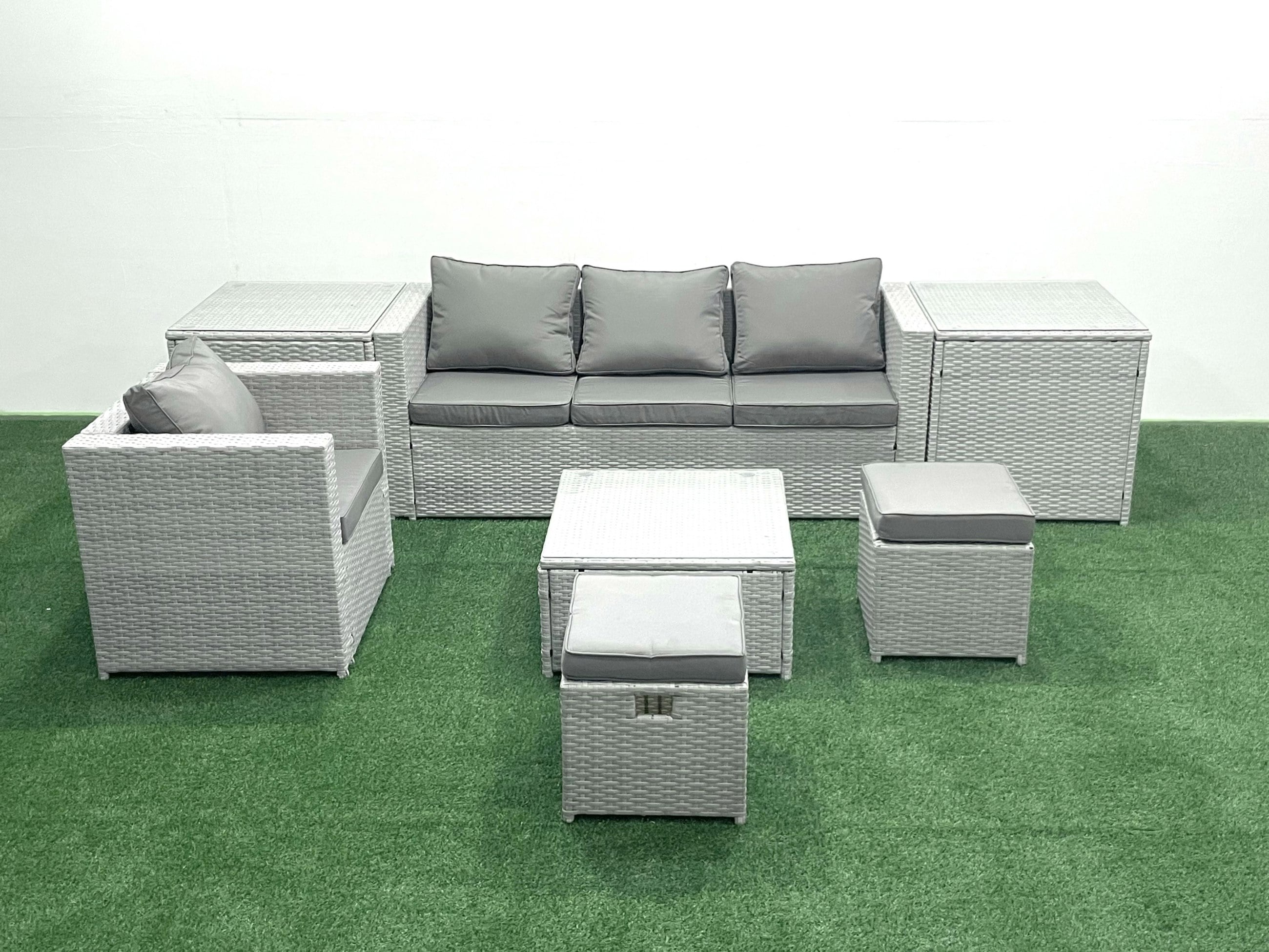 Fimous Light/Grey Garden Outdoor Furniture Set 6 Seater Rattan Sofa Set With Big Footstool Armchair 2 Side Tables Mixed