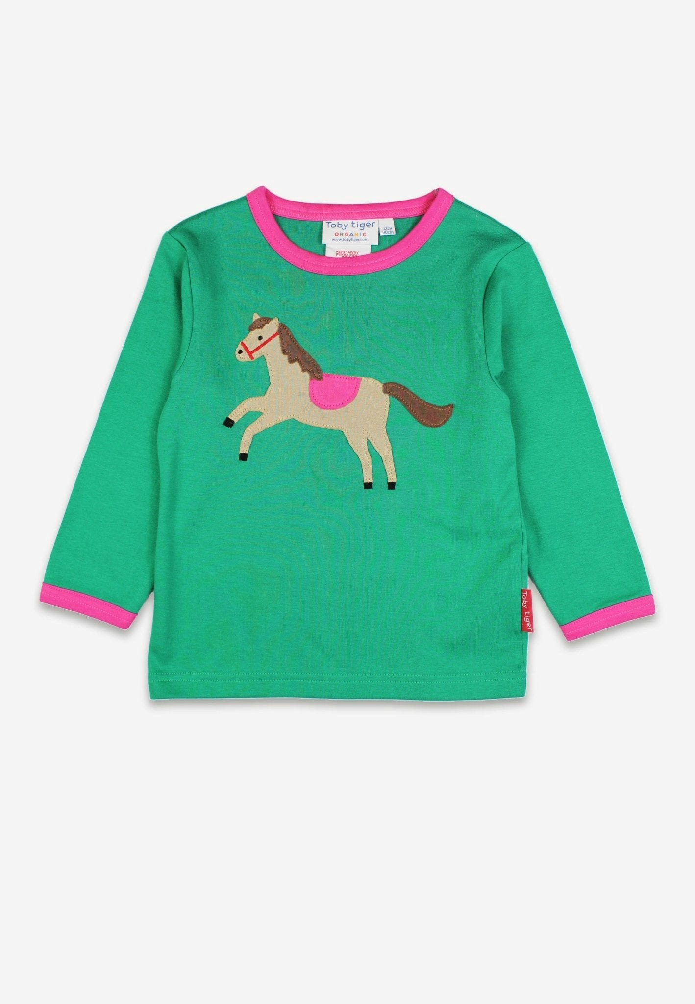 Toby Tiger Green Organic Horse Applique Long Sleeved T-Shirt - 7-8Y / 128Cm