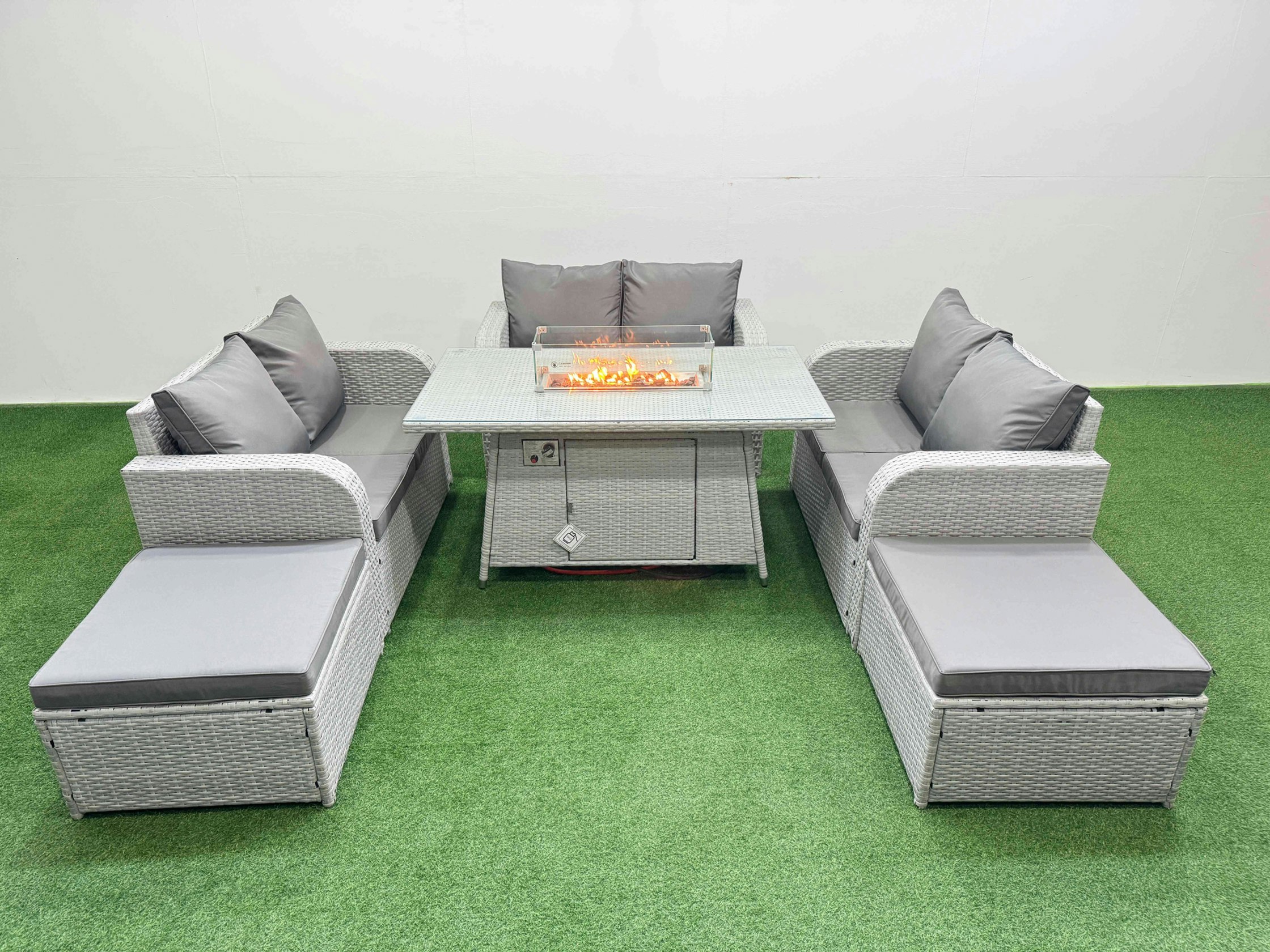 Rackhams Light/Grey 8 Seater Pe Wicker Rattan Furniture Sofa Sets With Fire Pit Dining Table 2 Seater Love Sofa 2 Big Footstool