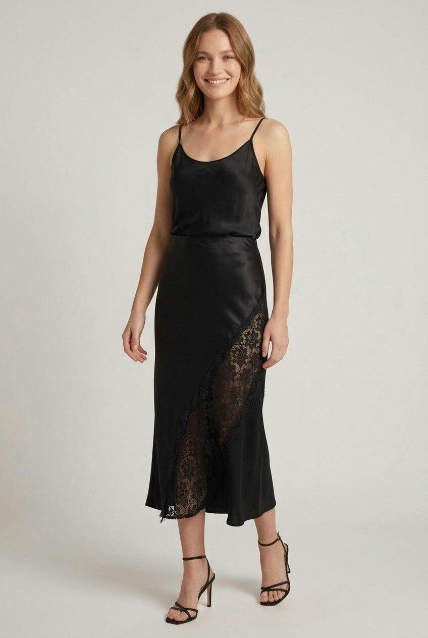 Izabel London Black Satin Texture Lace Detail Midi Skirt - S/M