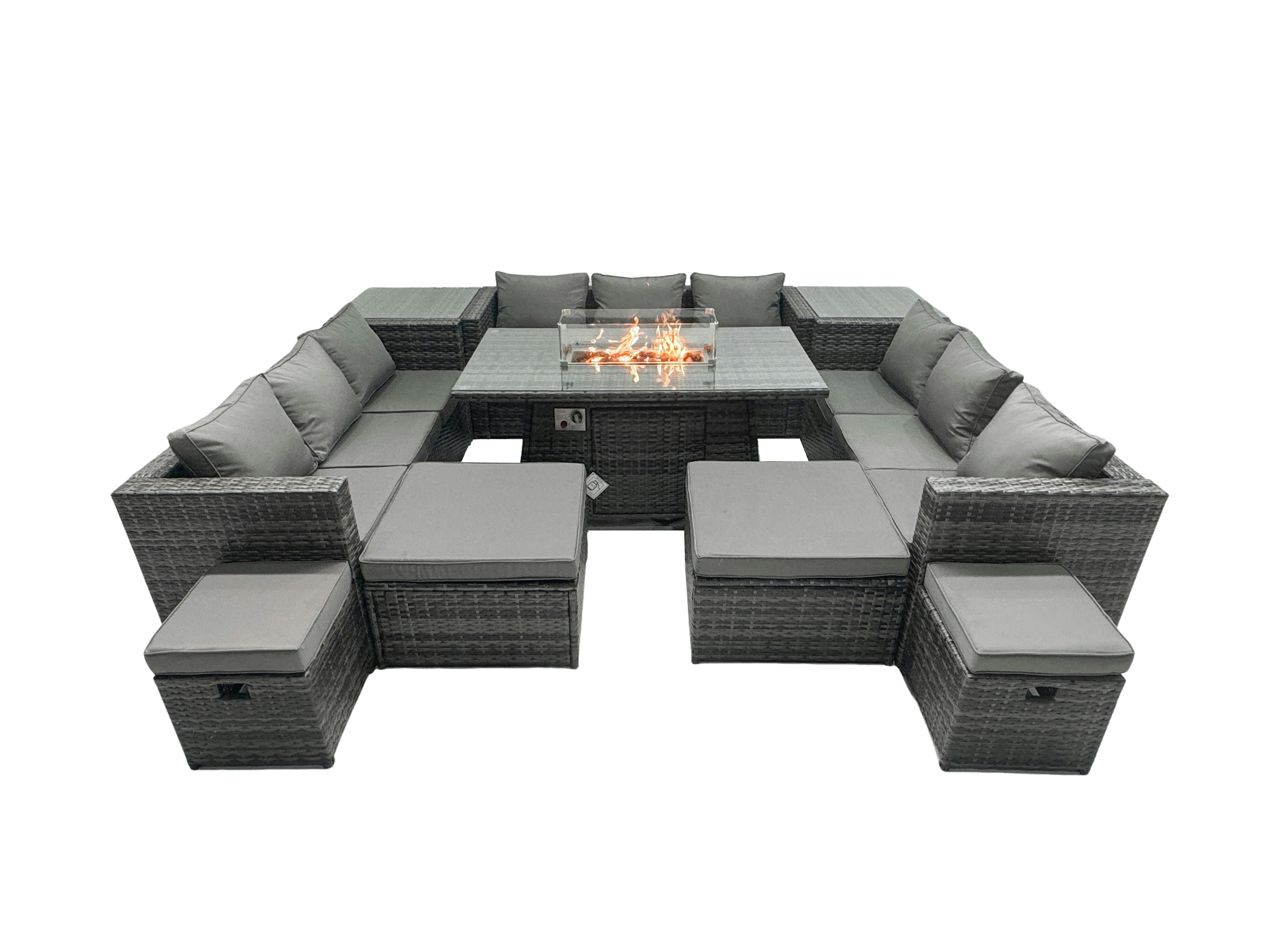 Rackhams Dark/Grey Rattan Garden Furniture Firepit Dining Set Seater Lounge Sofa Table Set With 4 Footstools 2 Side Tables Size 13