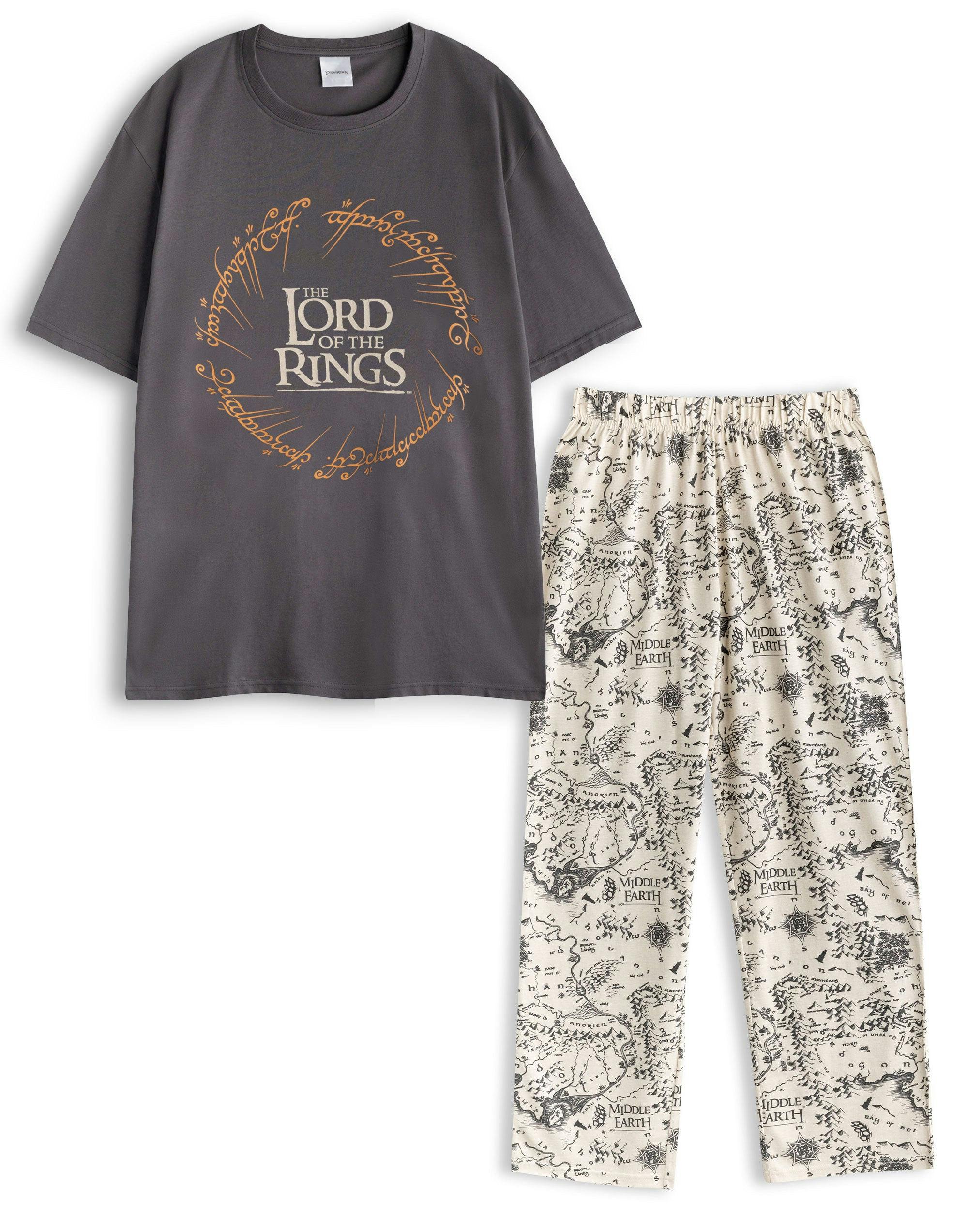 Vanilla Underground Men's Black Lord Of The Rings Logo Short Sleeve Long Leg Pyjama Set - Medium
