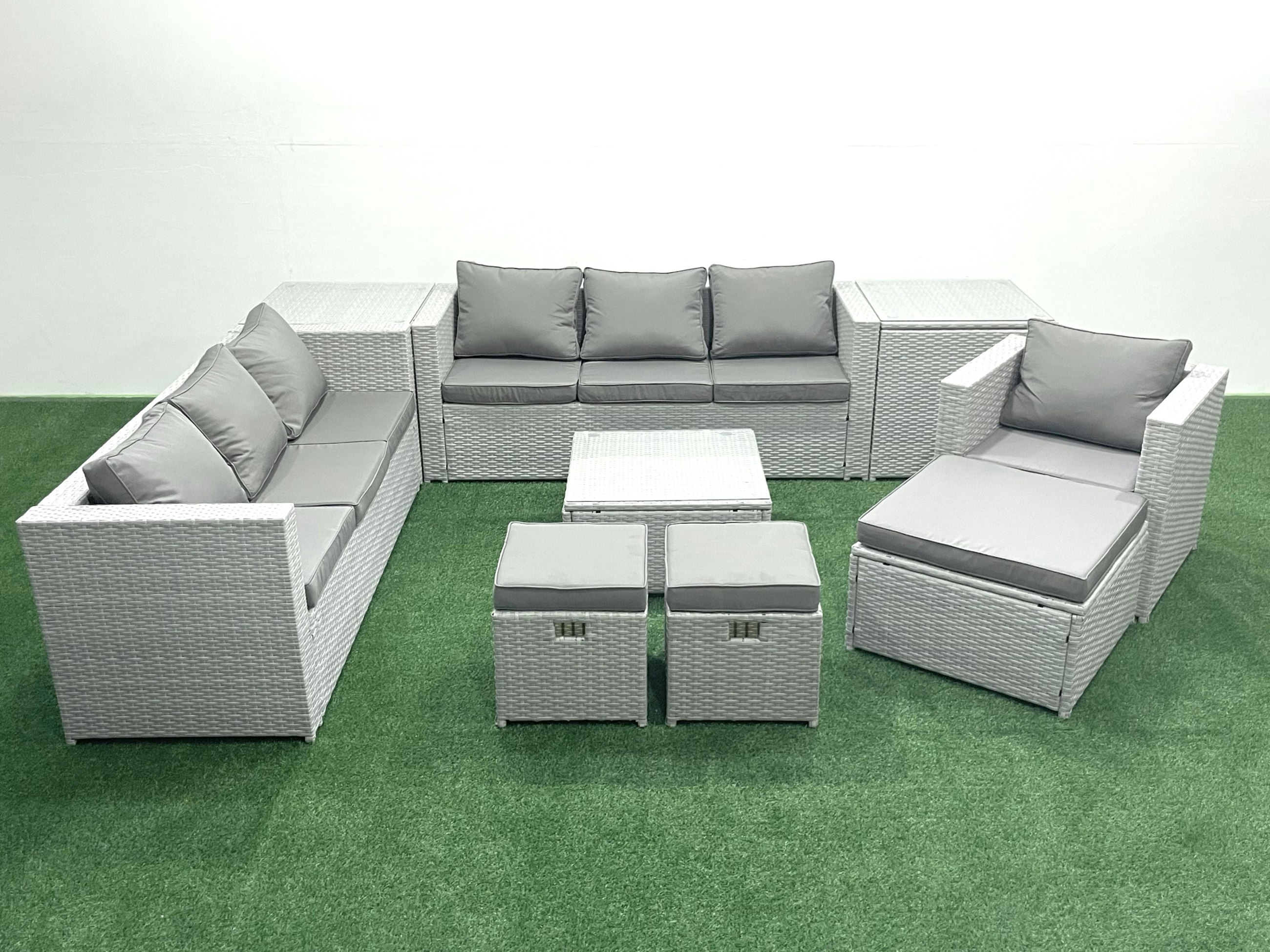 Rackhams Light/Grey Wicker Pe Rattan Sofa Garden Furniture Set With Armchair Square Coffee Table 3 Footstools 2 Side Tables Mixed