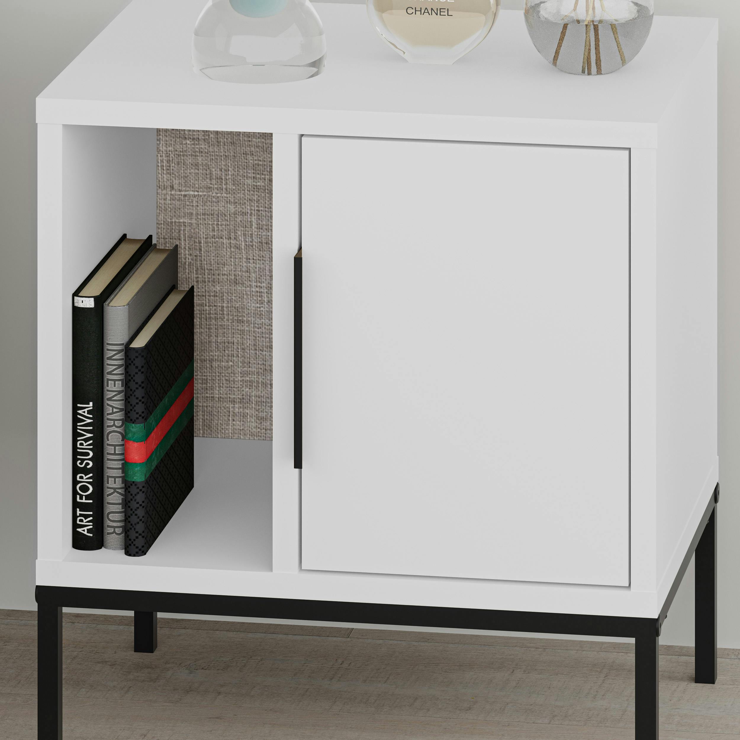 Rackhams White/Black Modern Glynn Bedside Table W/ Metal Straight Leg 45(W)Cm Nightstand 1-Door Storage Space Metal Handle Bedroom
