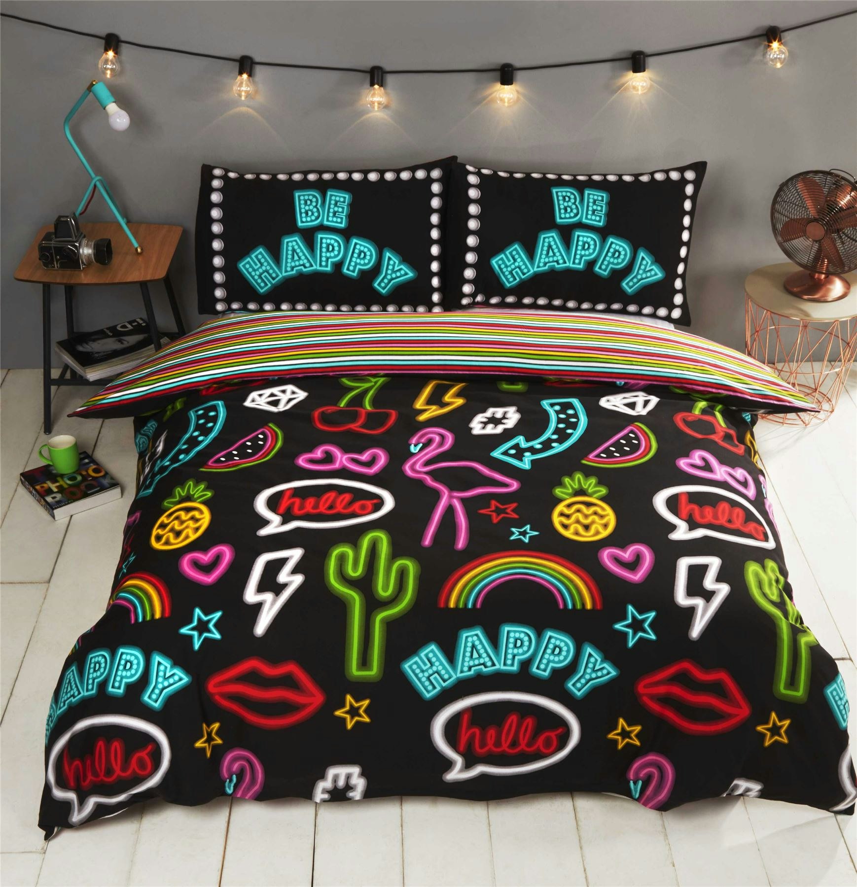 Rackhams Black Neon Signs Duvet Cover Set - Multi - Single