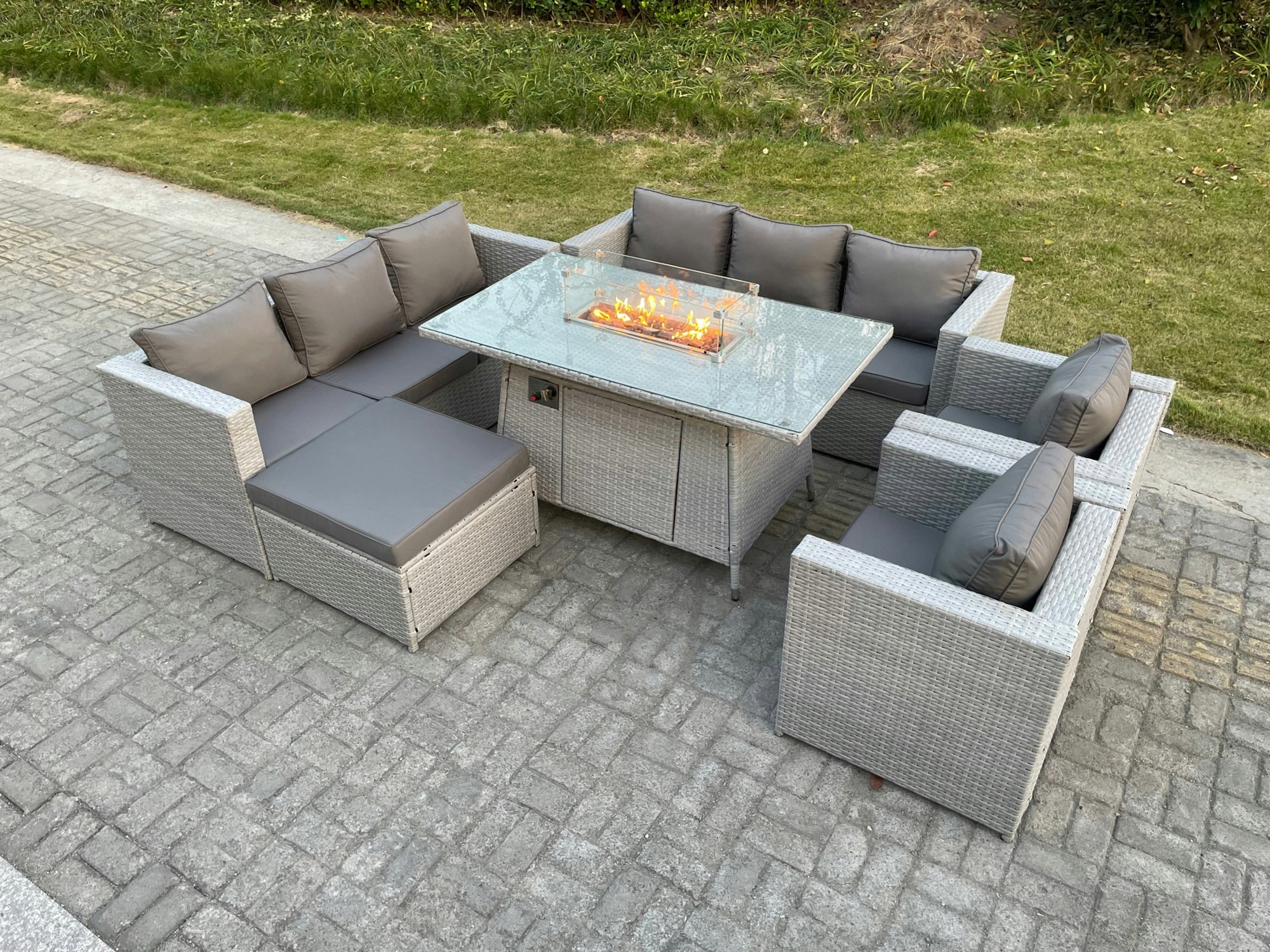 Rackhams Light/Grey Rattan Garden Furniture Set Gas Fire Pit Dining Table Heater Burner Lounge Sofa Set Chairs Footstool