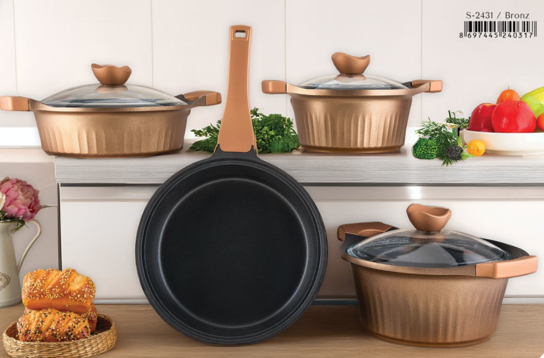 Rackhams Bronze Vanezza Collection 7-Piece Non-Stick Cast Aluminium Cookware Set (Bronze) - Cast Aluminium