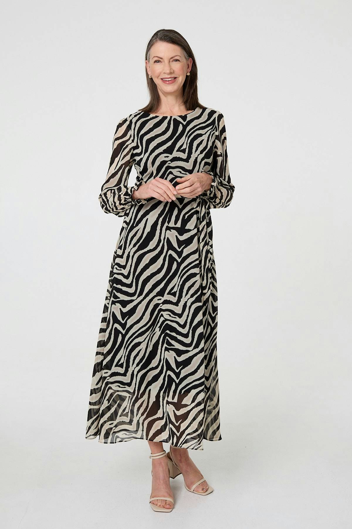Izabel London Black Zebra Print Layered Tie Waist Maxi Dress - 14