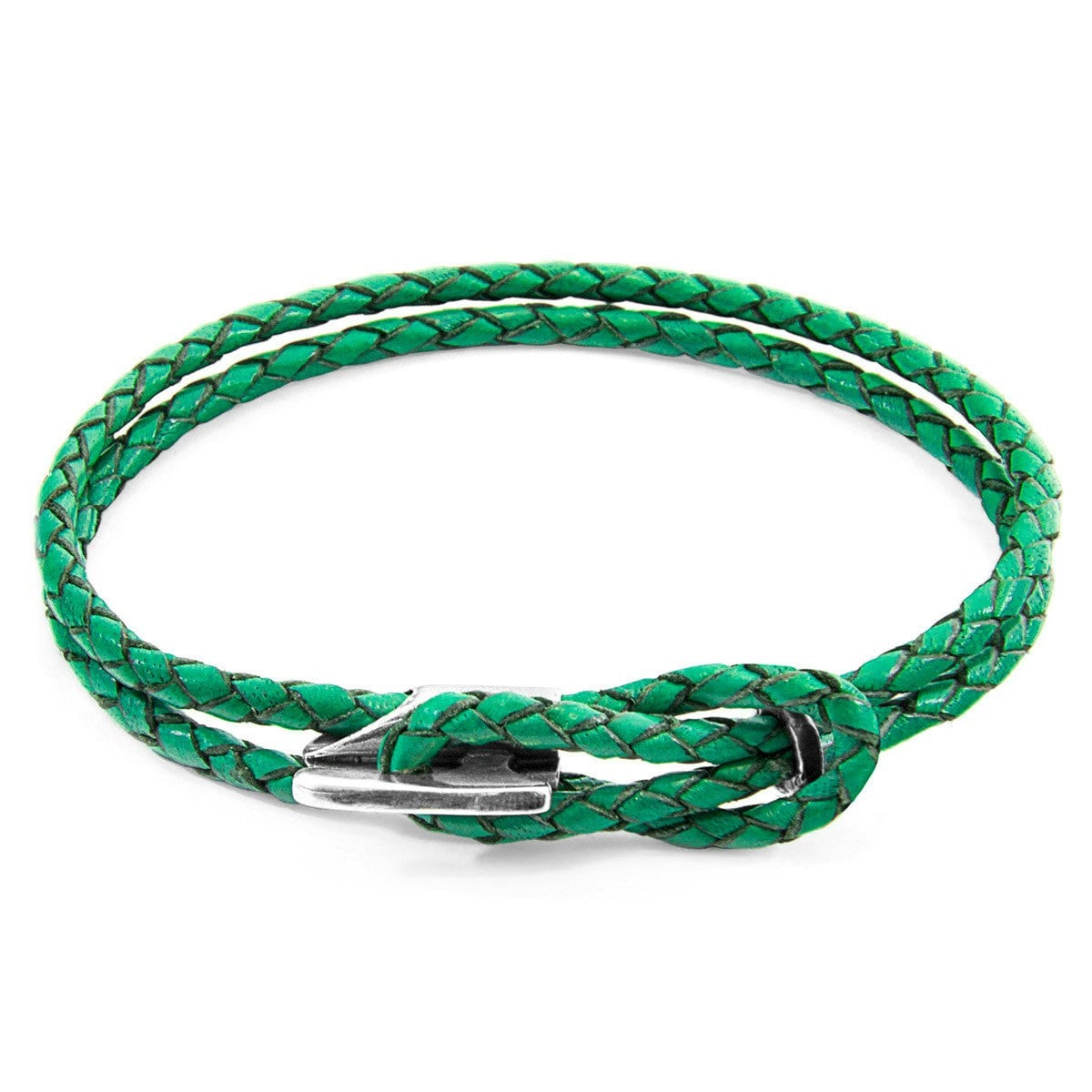 Anchor & Crew Green/Silver Fern Padstow And Braided Leather Bracelet - S - 19Cm