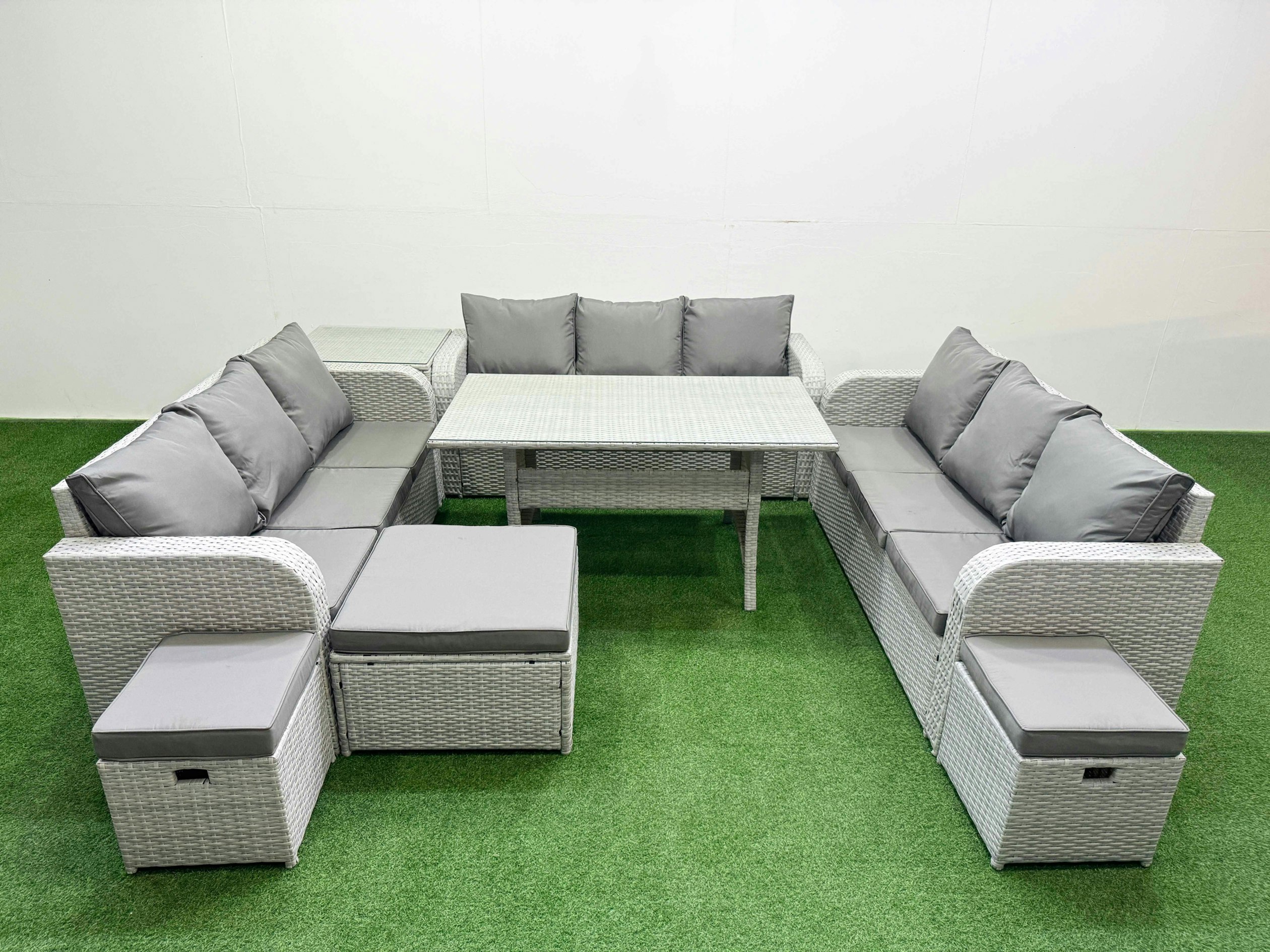Fimous Light/Grey Pe Rattan Lounge Sofa Set 12 Seater Outdoor Garden Furniture Set With Rectangular Dining Table 3 Seater Sofa 3 Stools Side Table