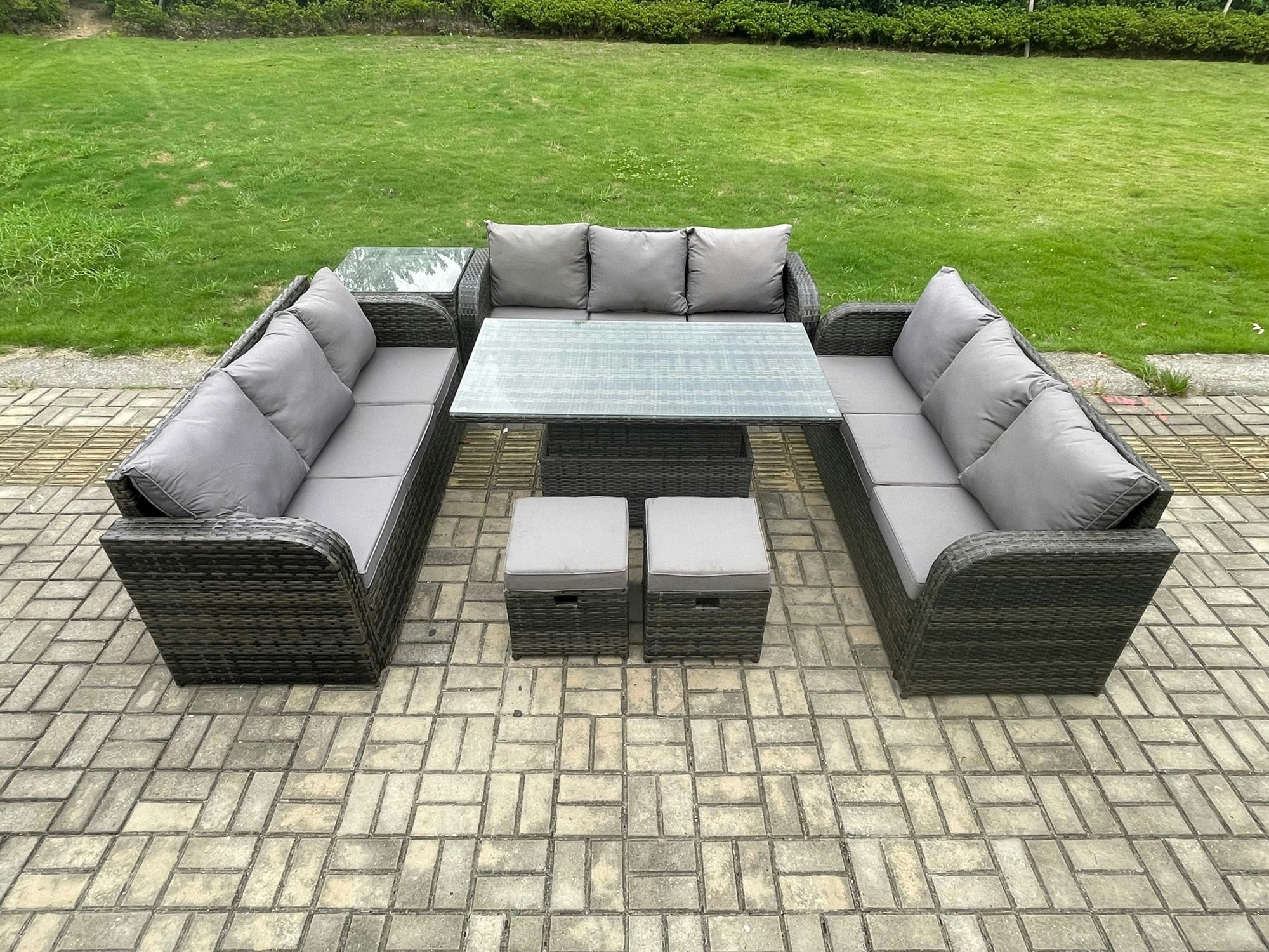 Fimous Dark/Grey Mixed Rattan Outdoor Lounge Set - Height Adjustable Lifting Table, Side Table & 2 Small Footstools