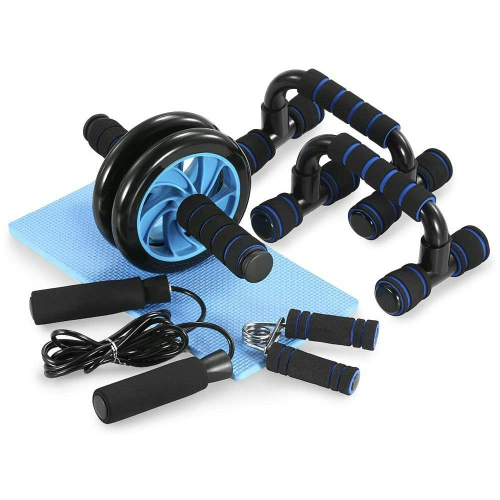 Ener-J 5 In 1 Home Training Ab Roller Wheel Kit Equipment, Fitness Invention Ab Roller Wheel Kit With Push-Up Bar Jump Rope, With Knee Pad