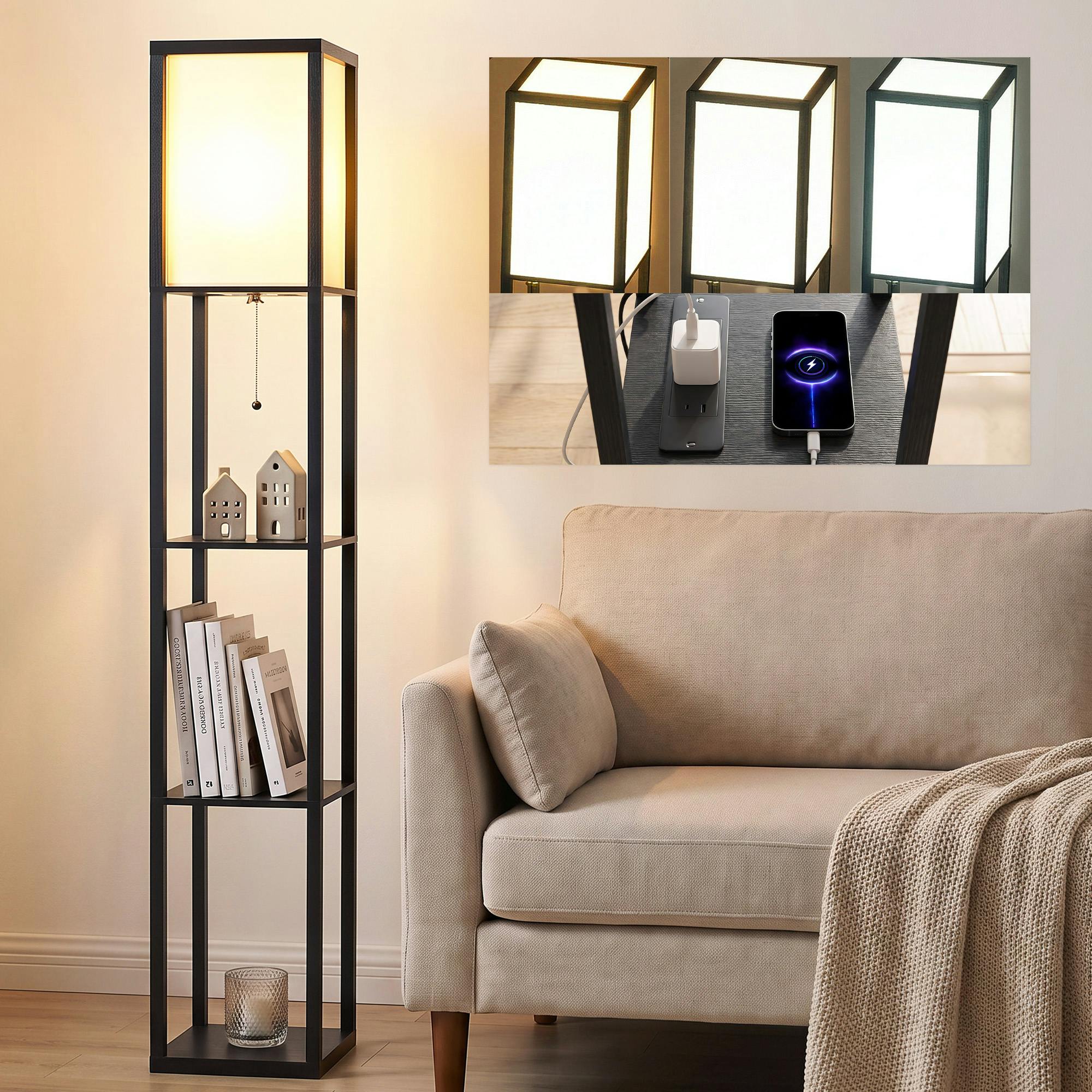 Rackhams Black Floor Lamp With 3-Tier Storage Shelf For Home Office