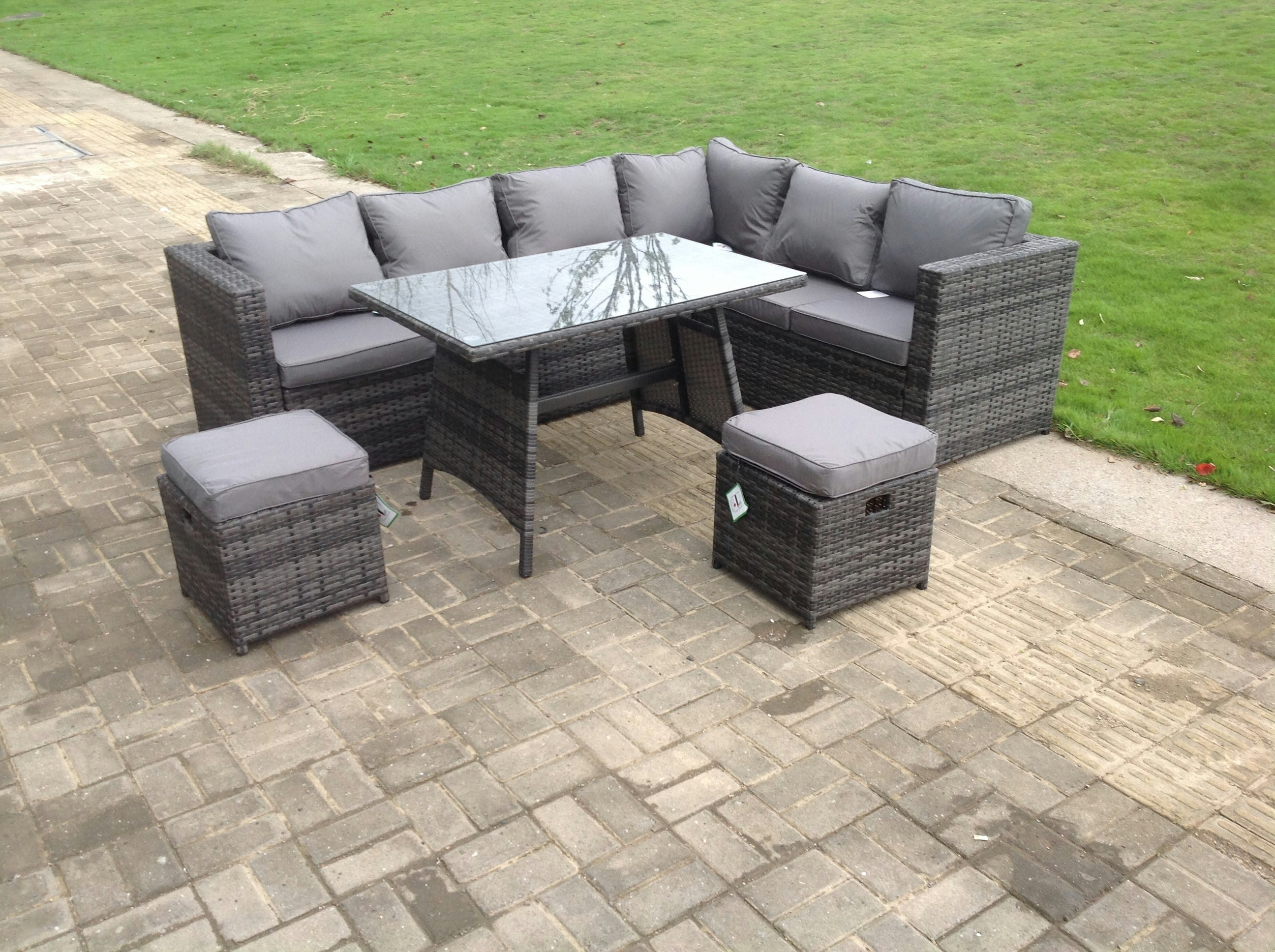 Rackhams Dark/Grey Mixed 8 Seater Rattan Garden Outdoor Corner Sofa Set Rectangular Dining Table Small Footstools