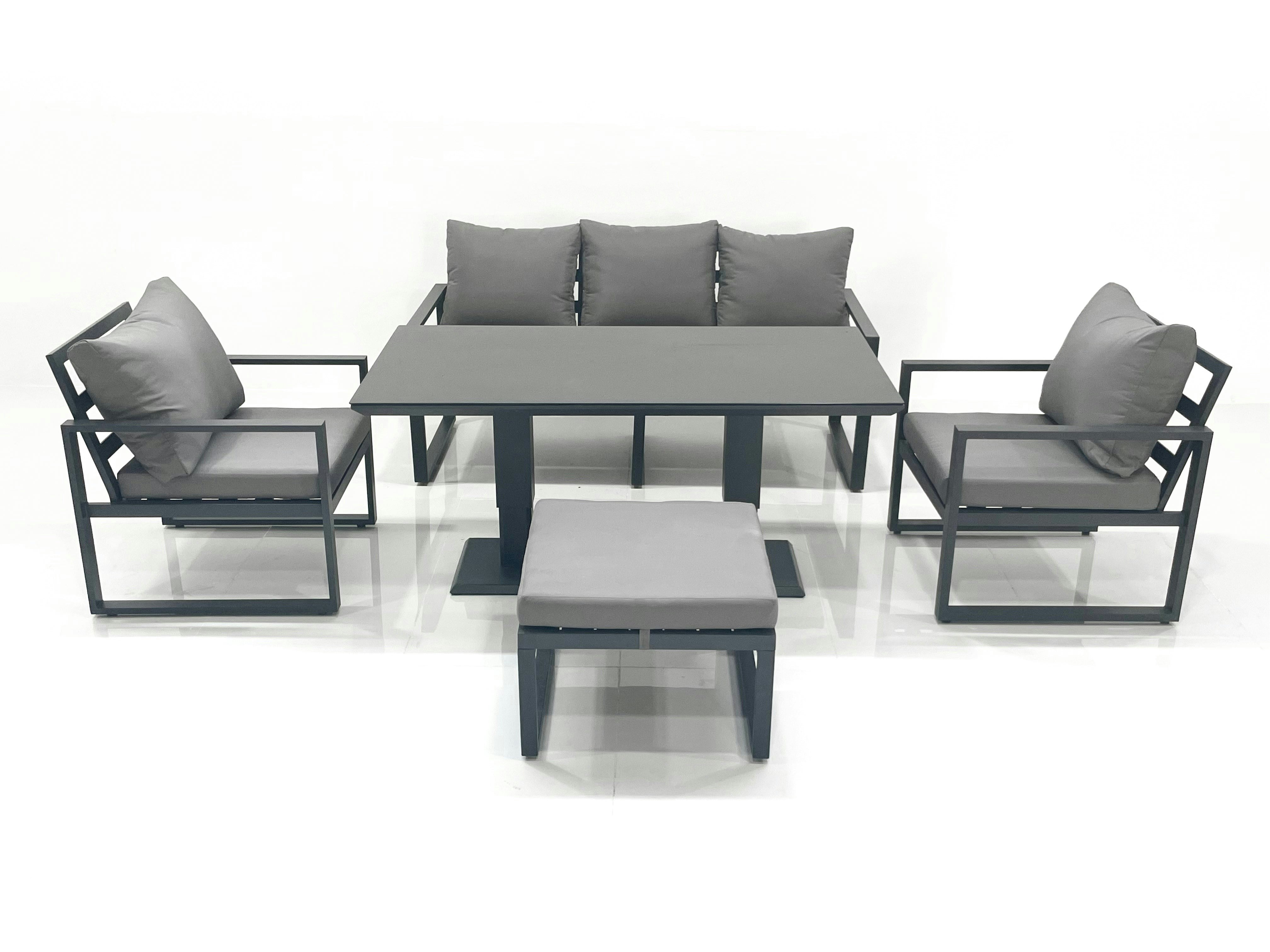 Fimous Dark/Grey Outdoor Aluminium Garden Furniture Set With Adjustable Rising Lifting Dining Table 3 Seater Sofa 2 Chair Big Footstool