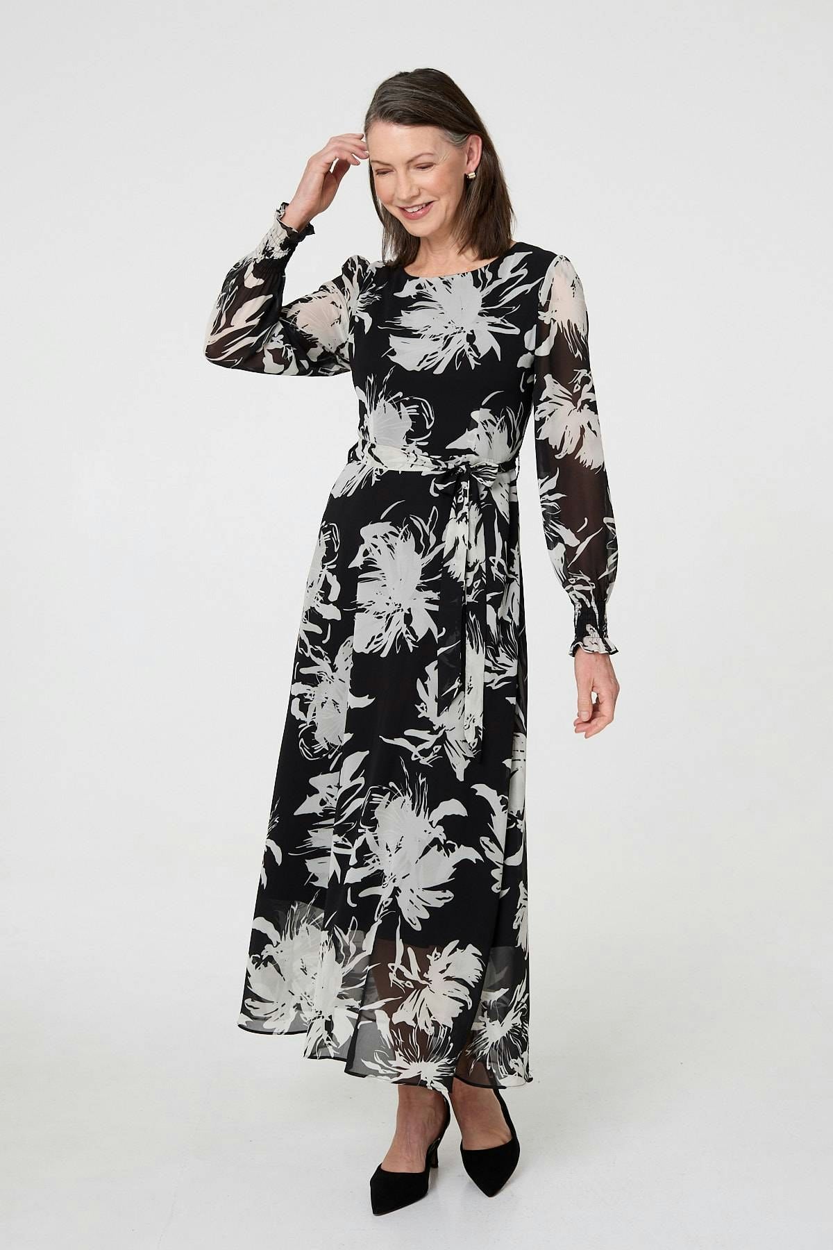 Izabel London Black Floral Tie Waist Layered Maxi Dress - 14