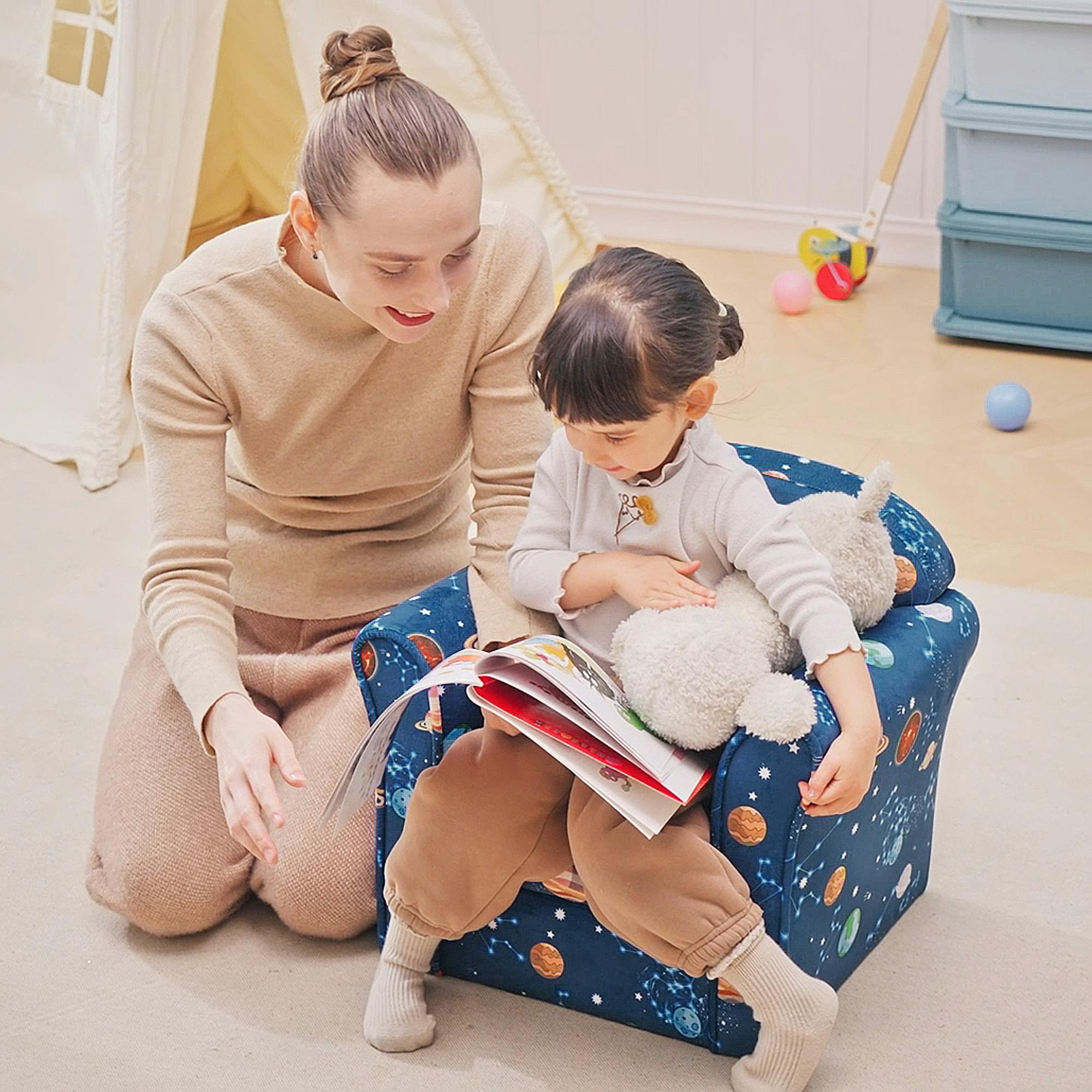 Rackhams Kids Mini Armchair, Planet-Themed Chair W/ Wooden Frame, Non-Slip Feet