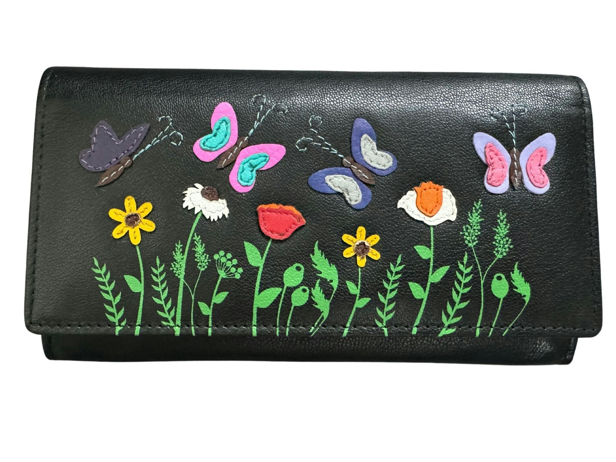 Mala Leather Black Sophia Floral & Butterflies Matinee Leather Purse