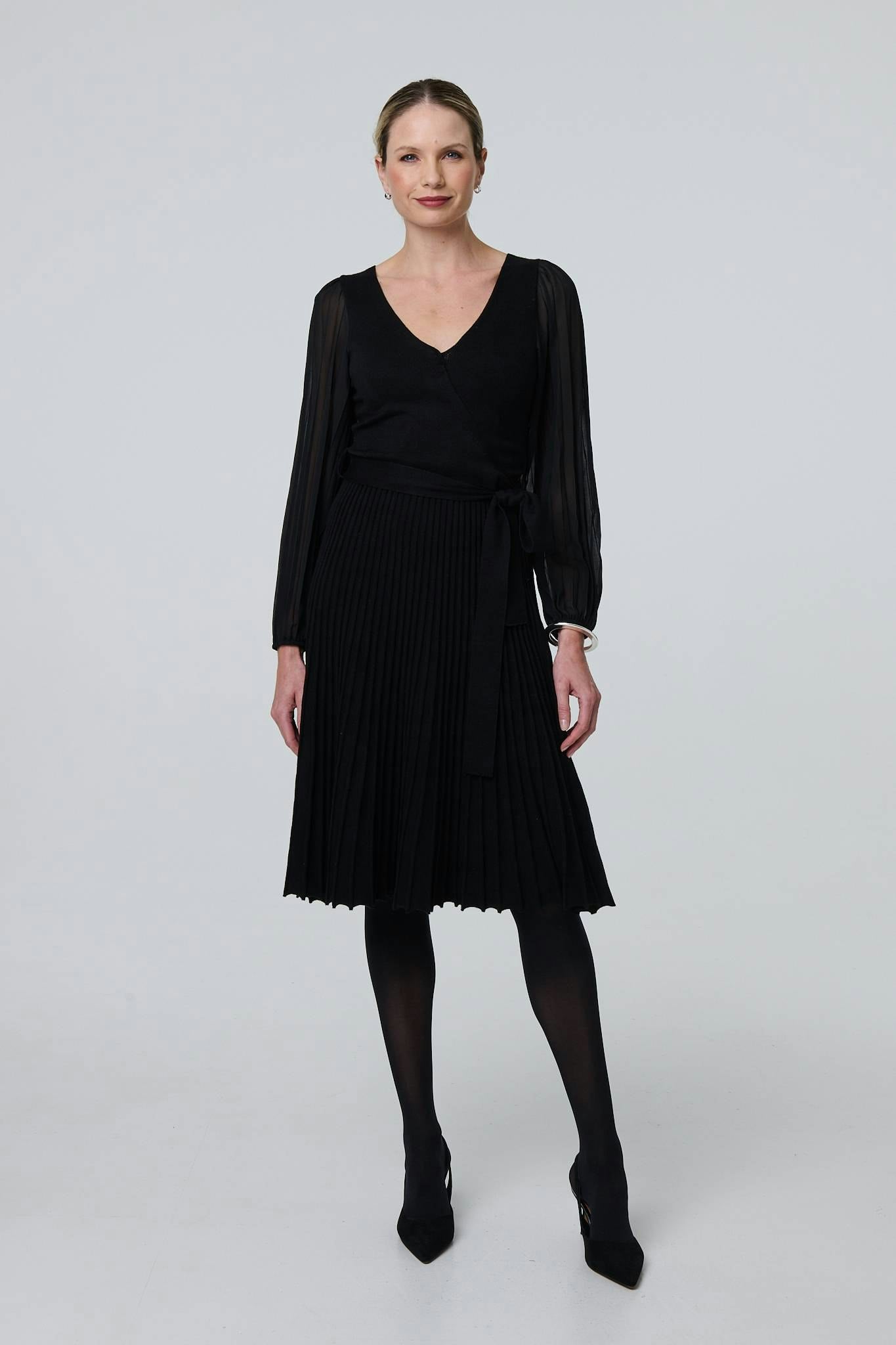 Izabel London Black Semi Sheer Pleated Knee Length Dress - 14