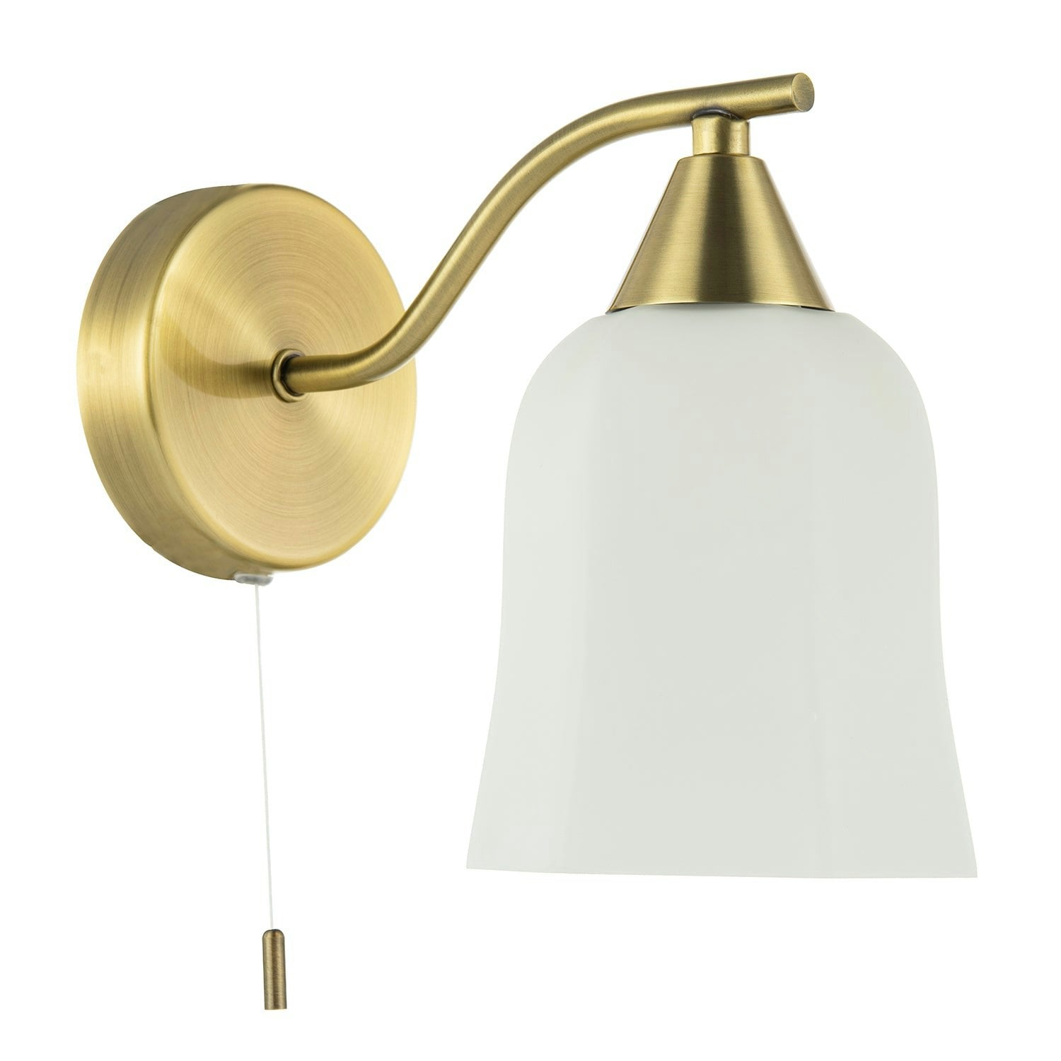 Happy Homewares Light Traditional Switched Down Wall In Antique Brass With Opal Glass Shade